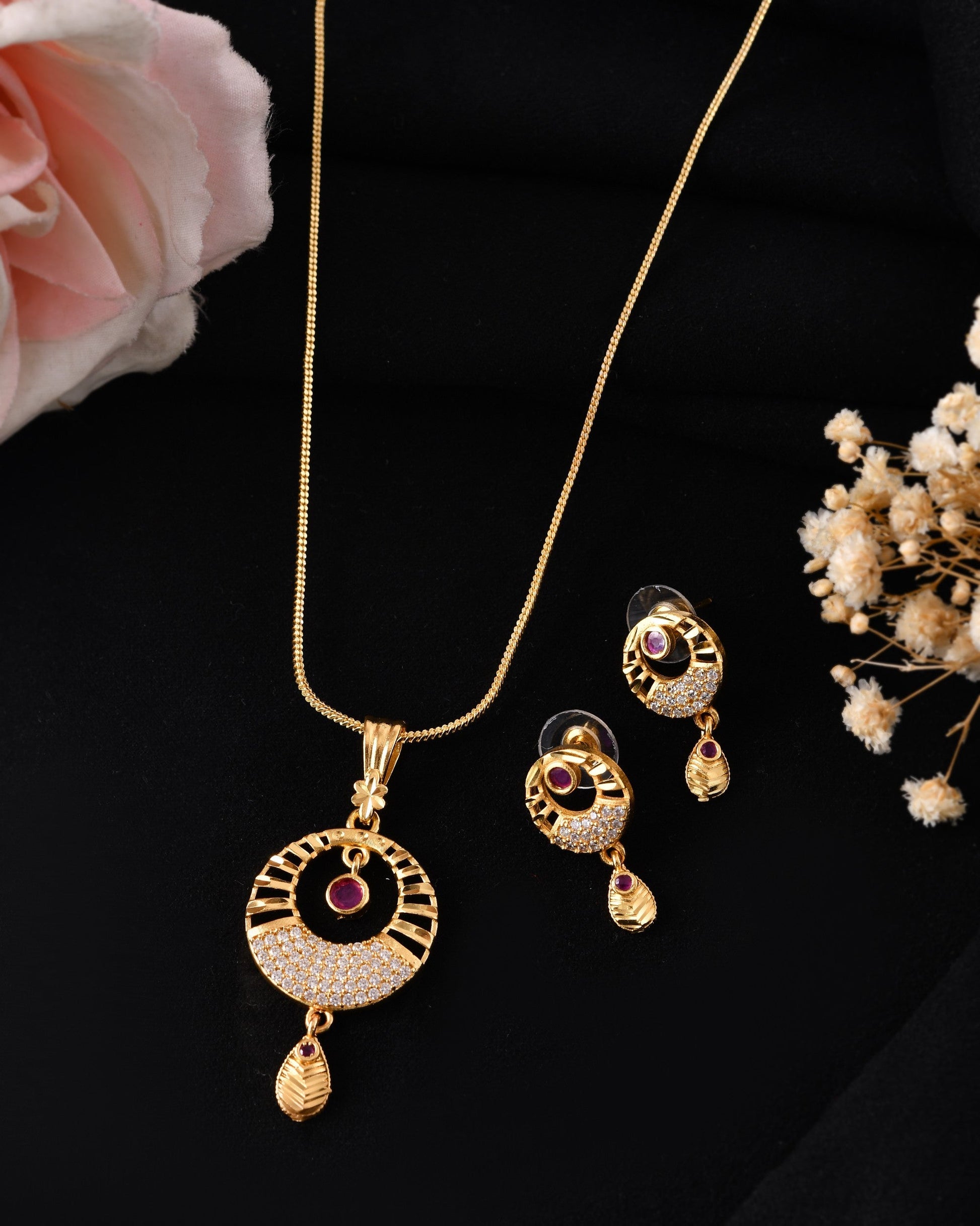 VOJ Gold Polished Circular Pendant With Chain And Earrings Set - Swadesiicart