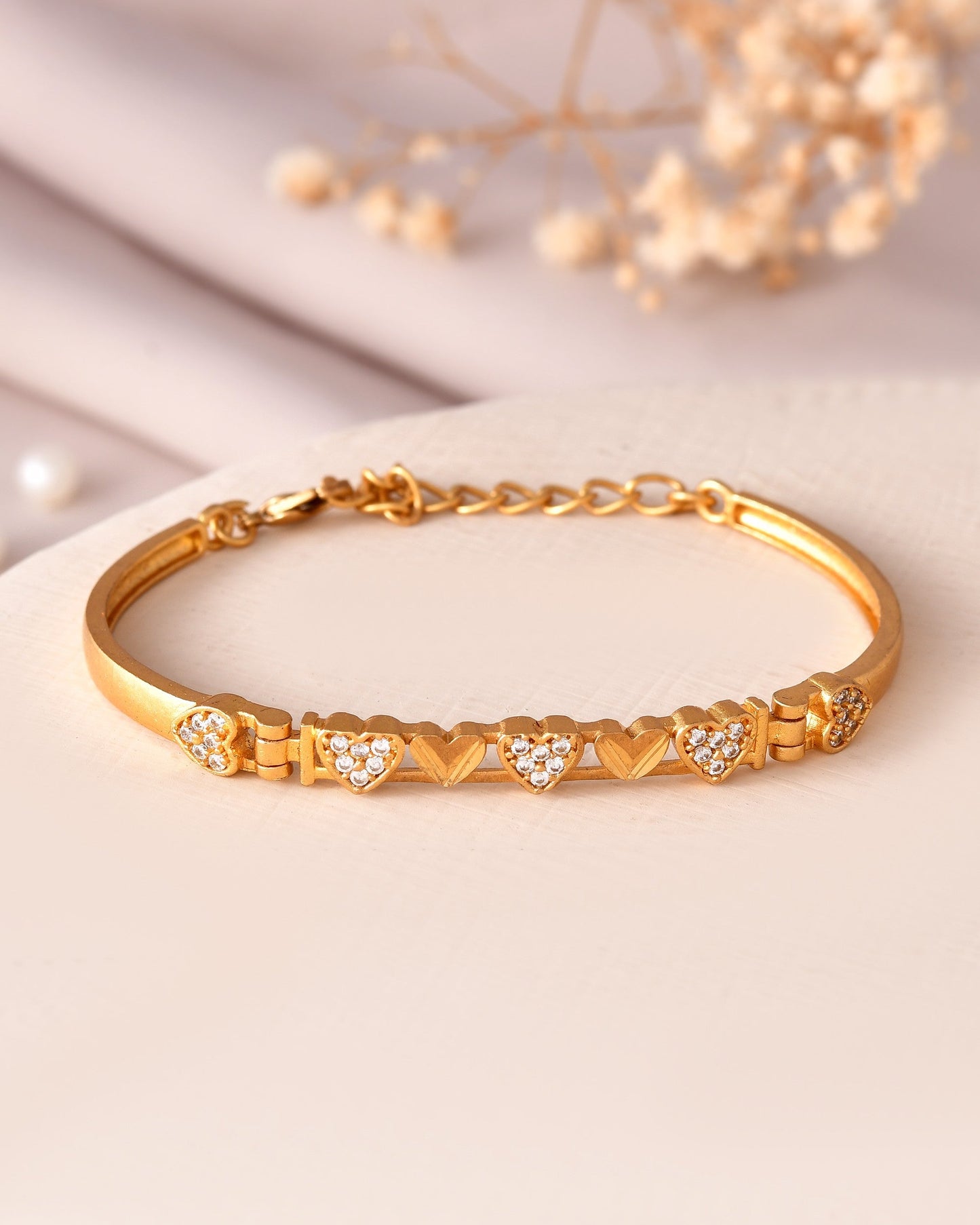 VOJ Women Gold Polished Heart Shaped Stone Studded Link Bracelet - Swadesiicart