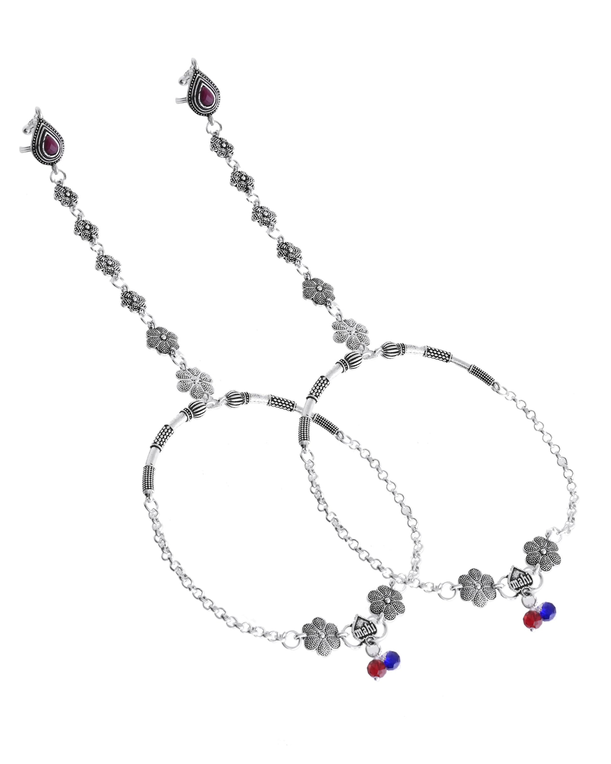 VOJ Set Of 2 Silver-Plated Stainless Steel Floral Shape Anklet With Toe Ring - Swadesiicart