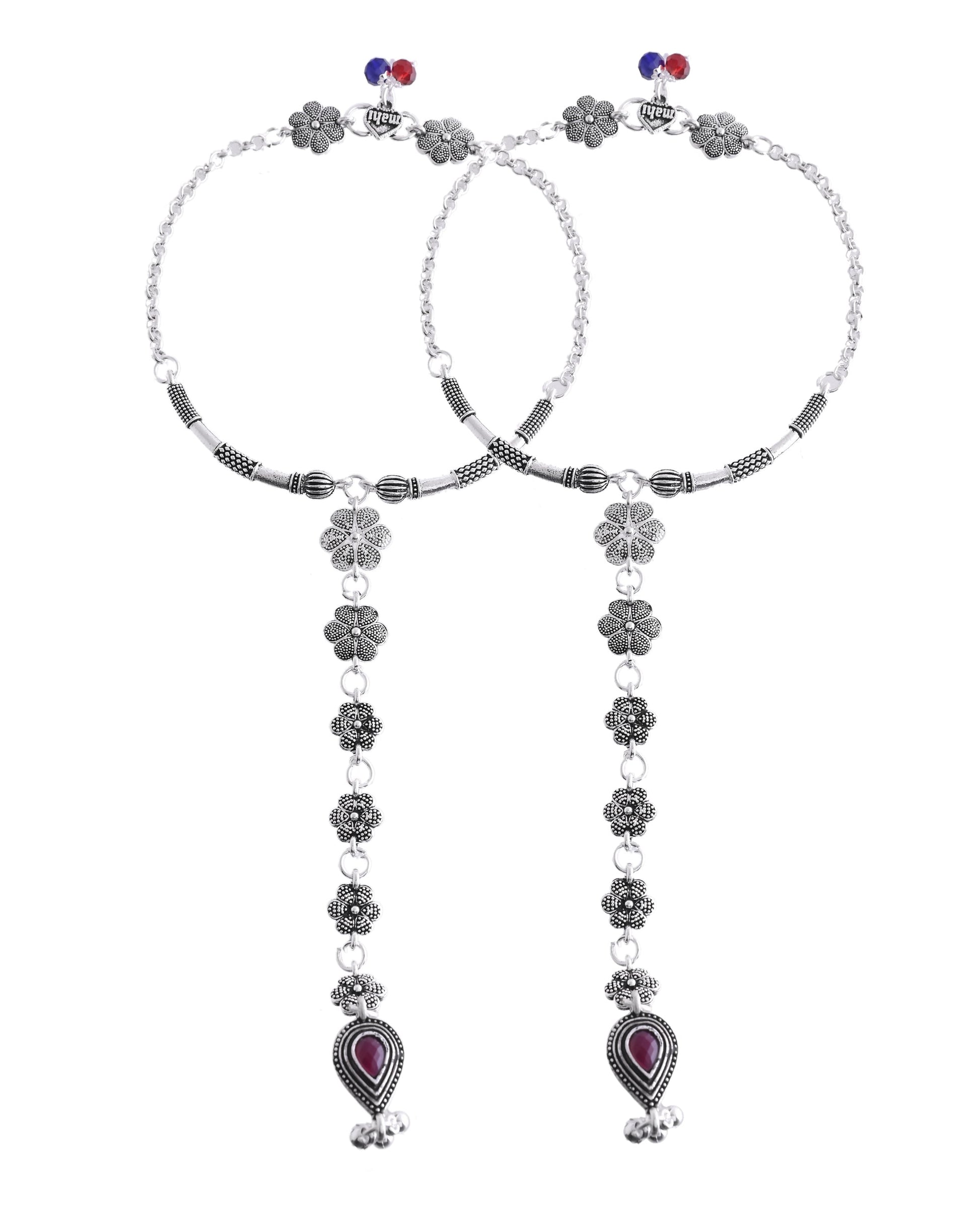VOJ Set Of 2 Silver-Plated Stainless Steel Floral Shape Anklet With Toe Ring - Swadesiicart
