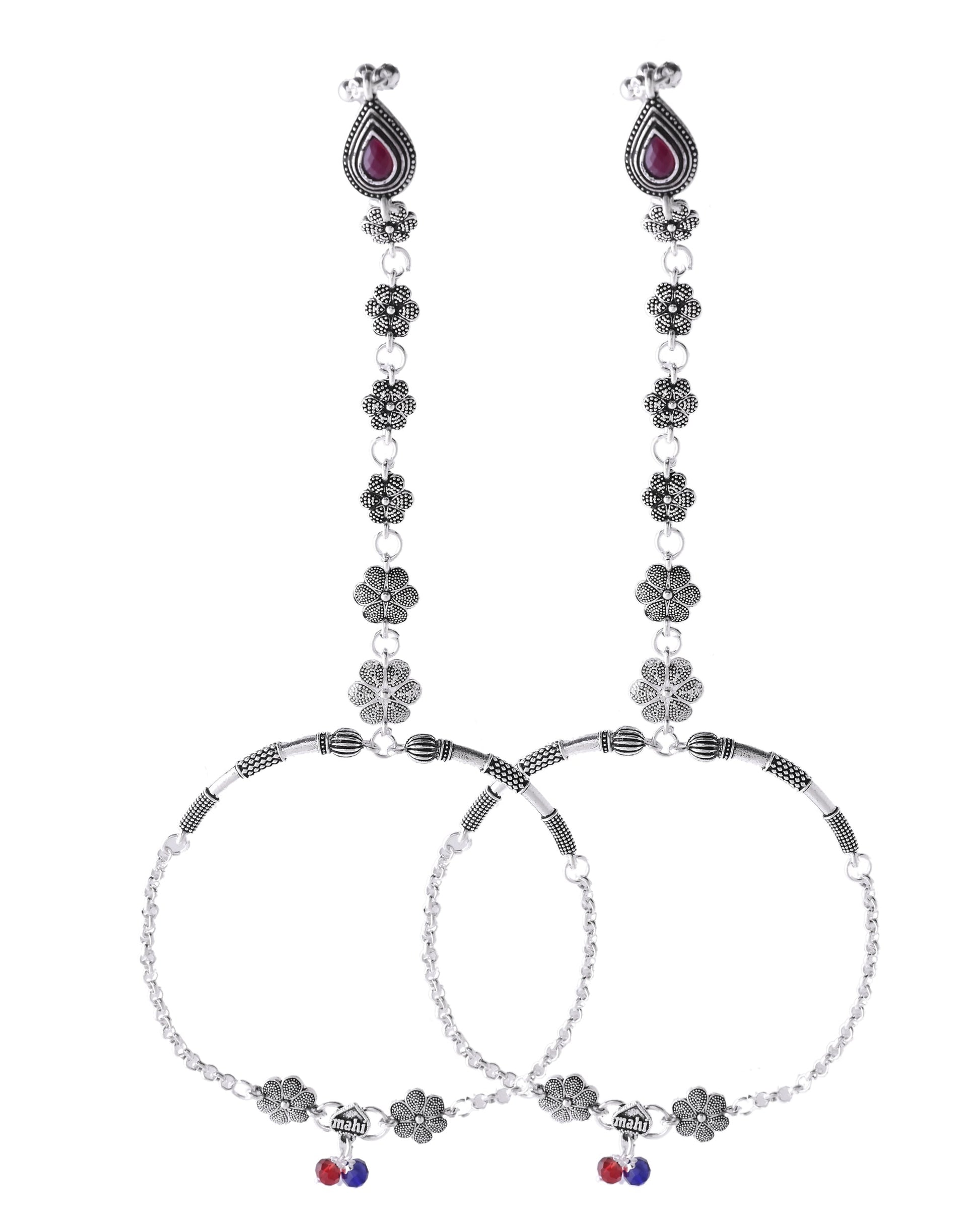 VOJ Set Of 2 Silver-Plated Stainless Steel Floral Shape Anklet With Toe Ring - Swadesiicart
