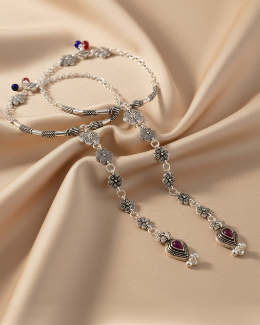 VOJ Set Of 2 Silver-Plated Stainless Steel Floral Shape Anklet With Toe Ring - Swadesiicart