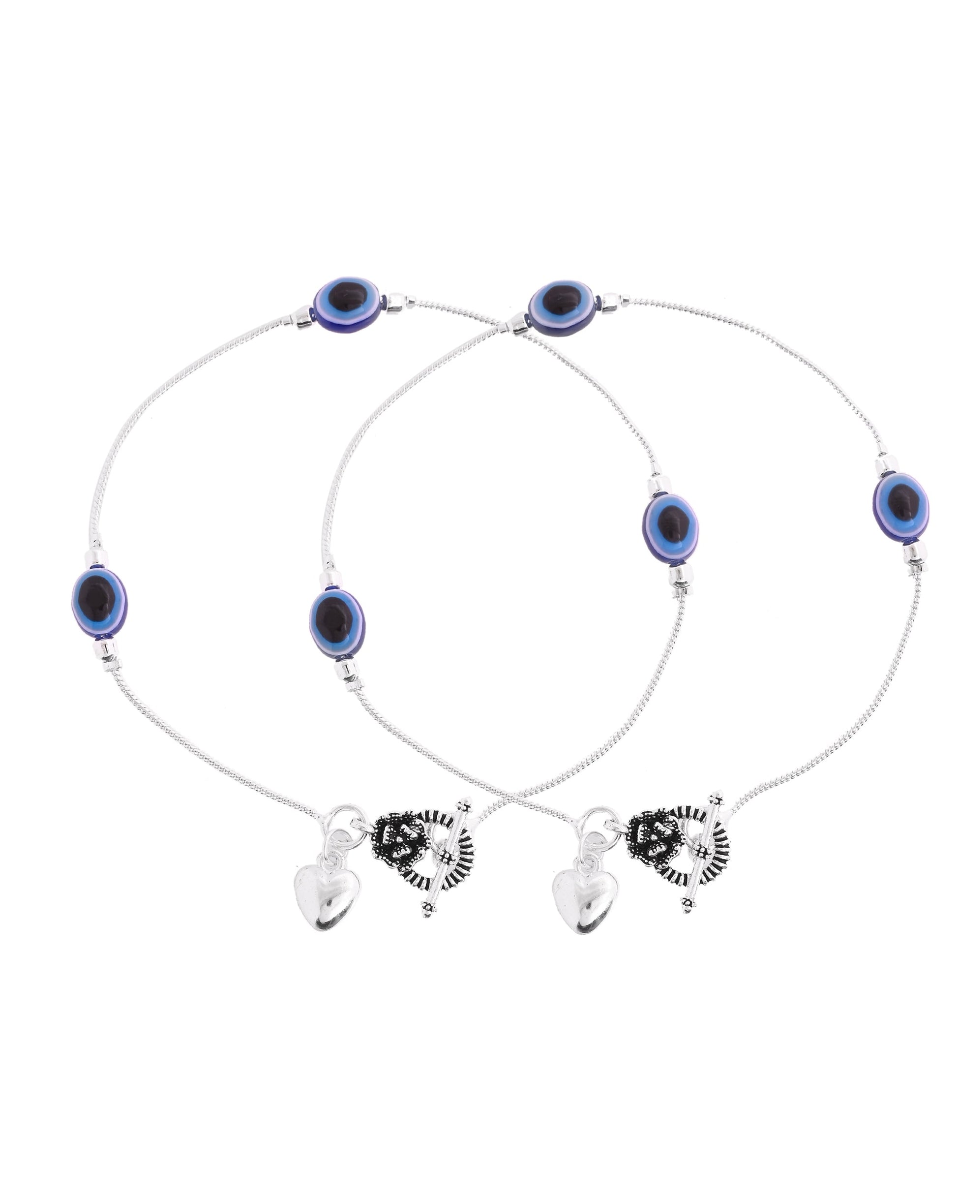 VOJ Set Of 2 Silver-Plated Stainless Steel Evil Eye Studded Anklet - Swadesiicart