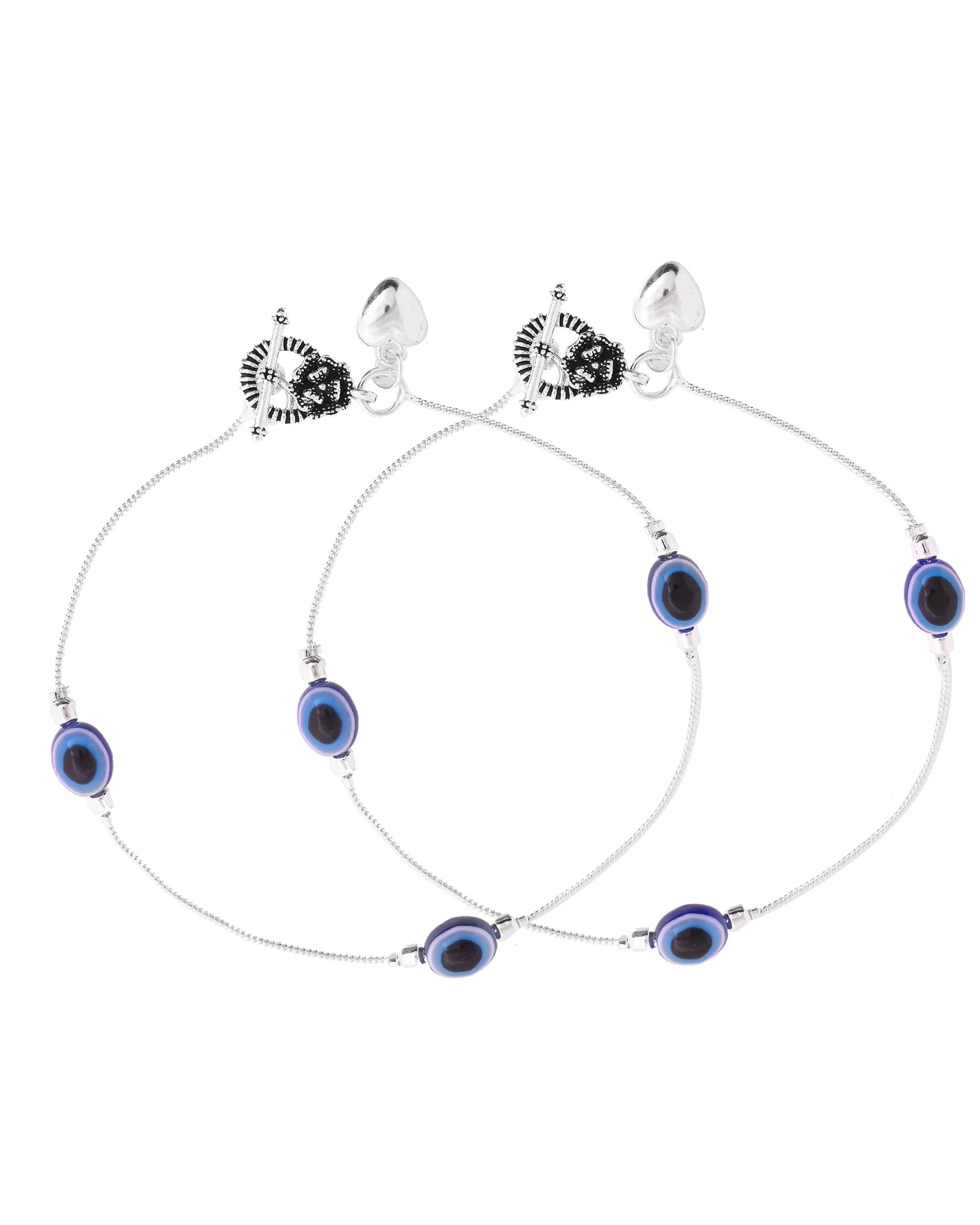 VOJ Set Of 2 Silver-Plated Stainless Steel Evil Eye Studded Anklet - Swadesiicart