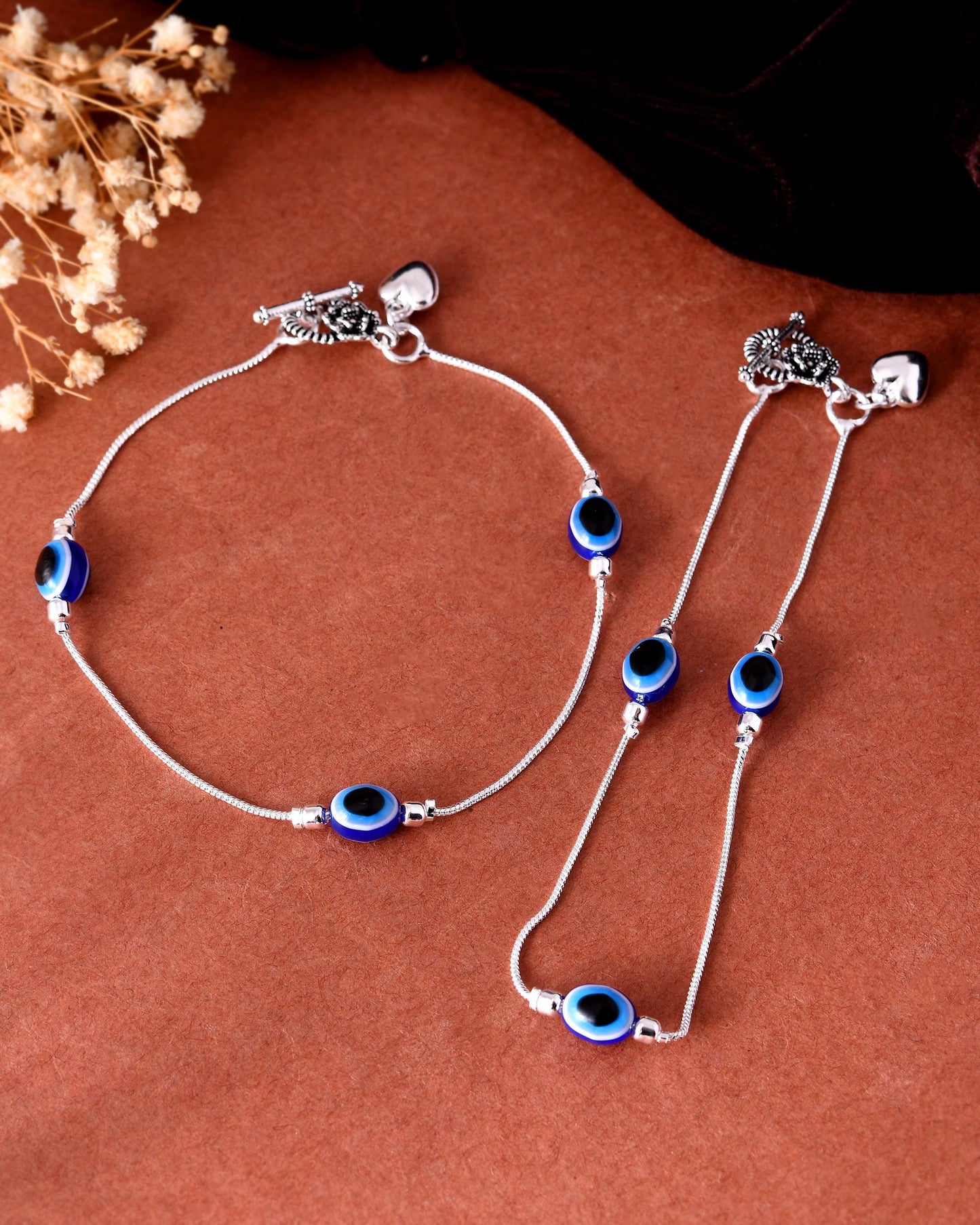 VOJ Set Of 2 Silver-Plated Stainless Steel Evil Eye Studded Anklet - Swadesiicart
