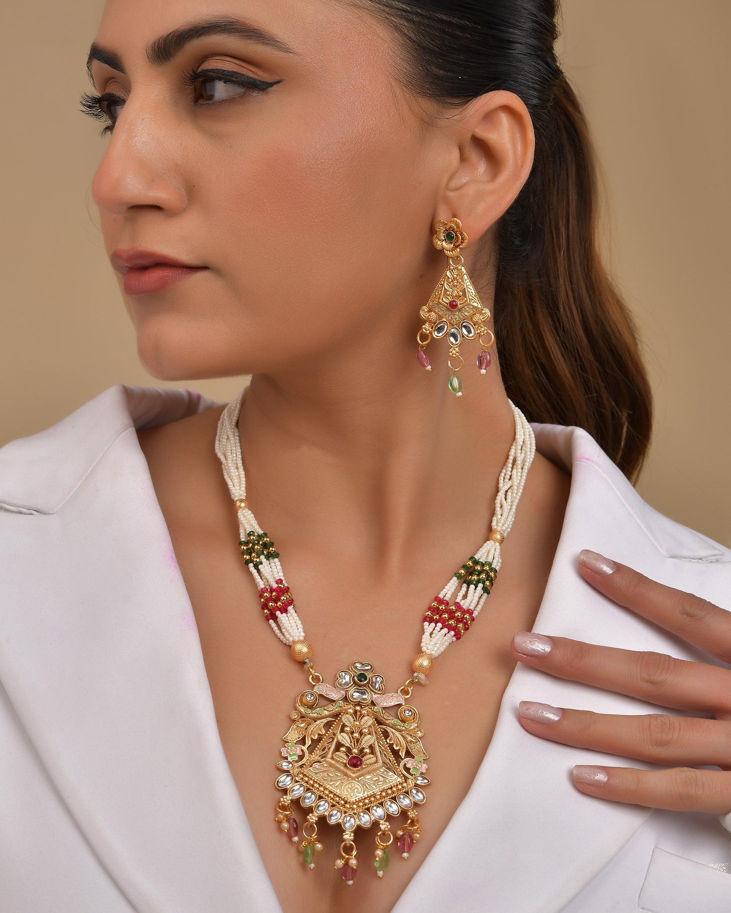 VOJ Gold Polished Designer Long Necklace With Earrings Set | Swadesiicart