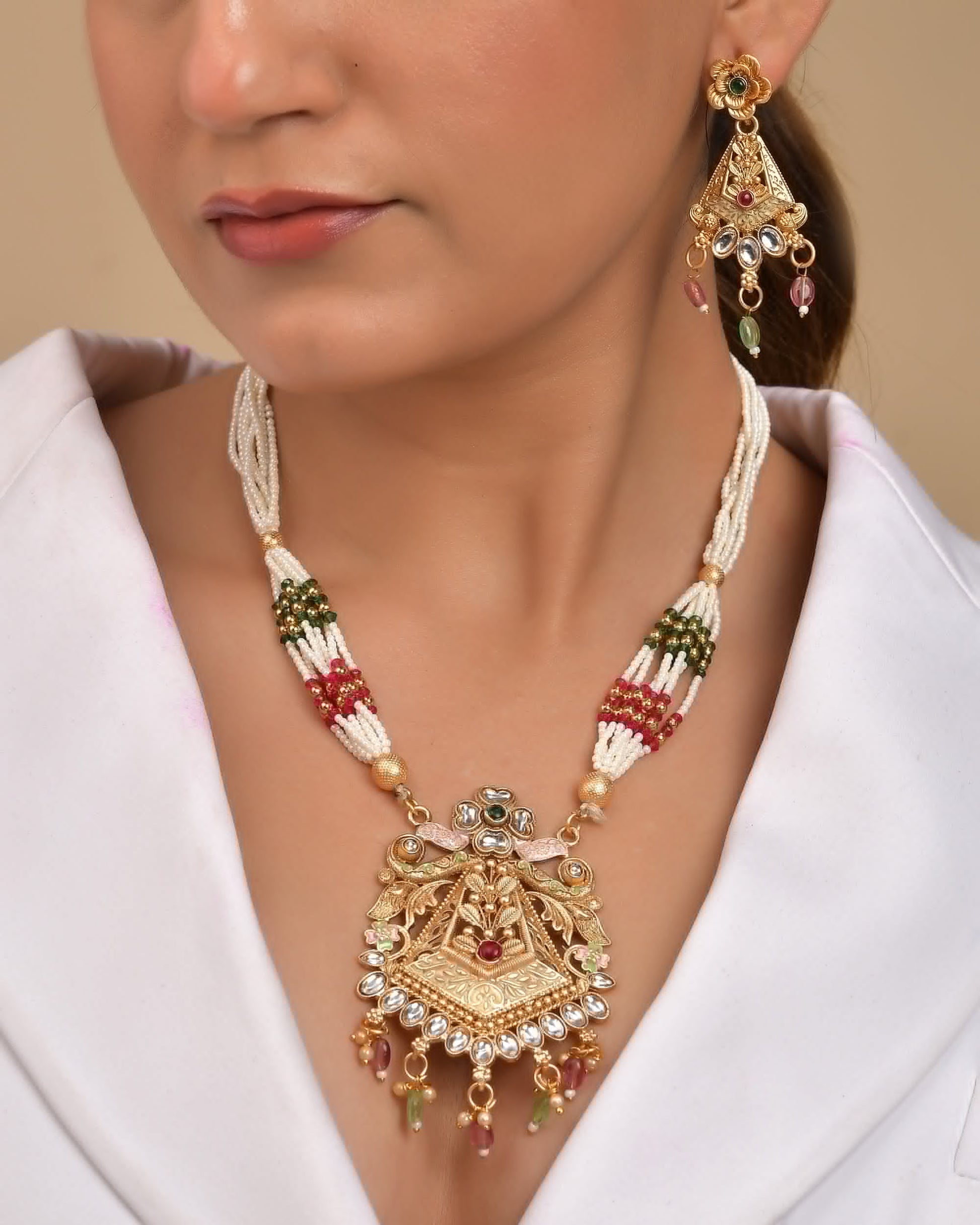 VOJ Gold Polished Designer Long Necklace With Earrings Set | Swadesiicart