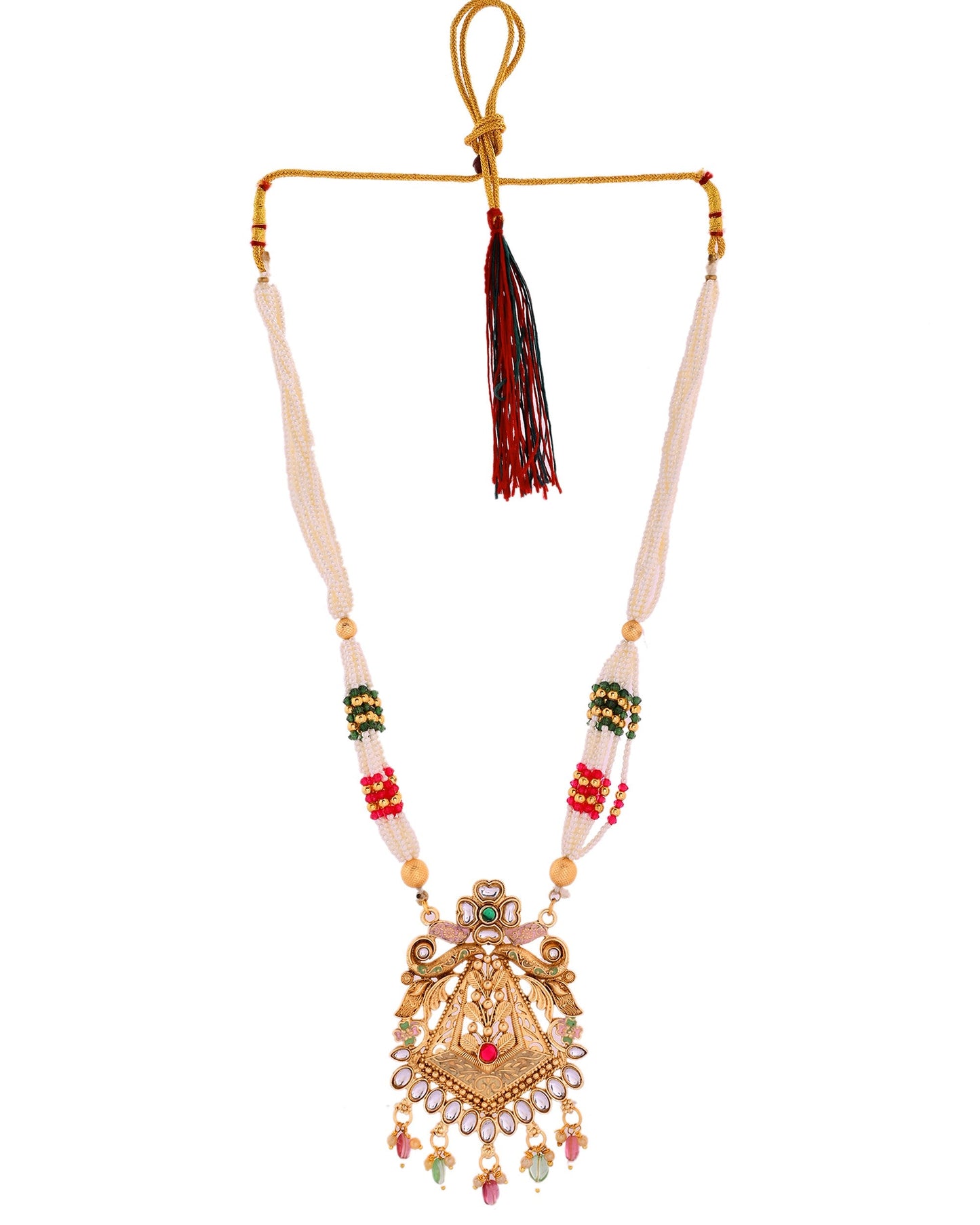 VOJ Gold Polished Designer Long Necklace With Earrings Set | Swadesiicart