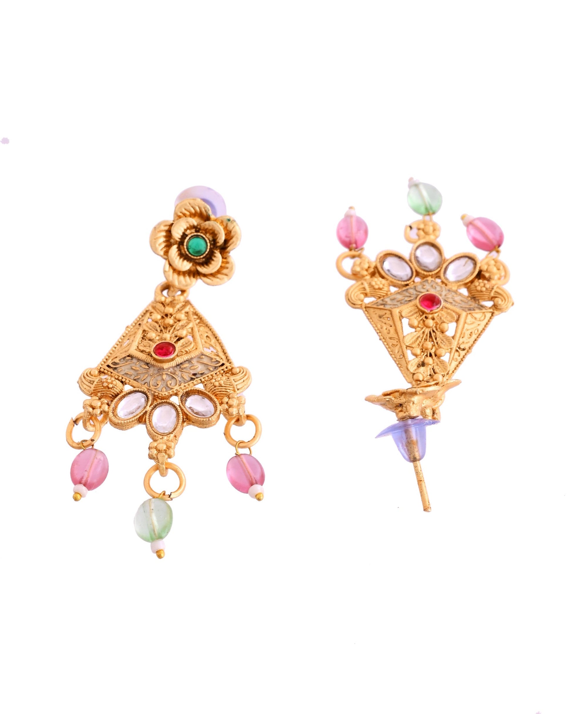 VOJ Gold Polished Designer Long Necklace With Earrings Set | Swadesiicart
