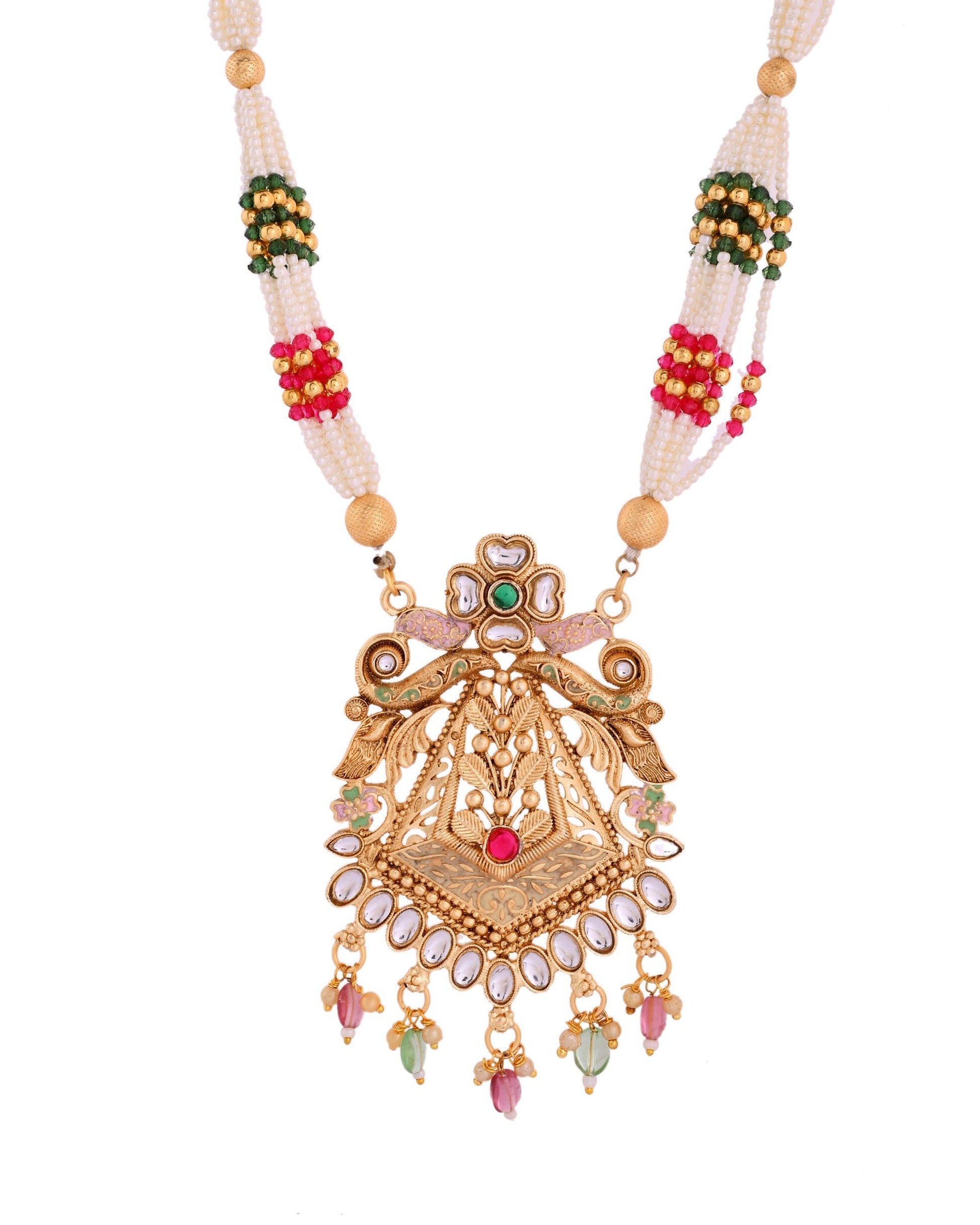 VOJ Gold Polished Designer Long Necklace With Earrings Set | Swadesiicart