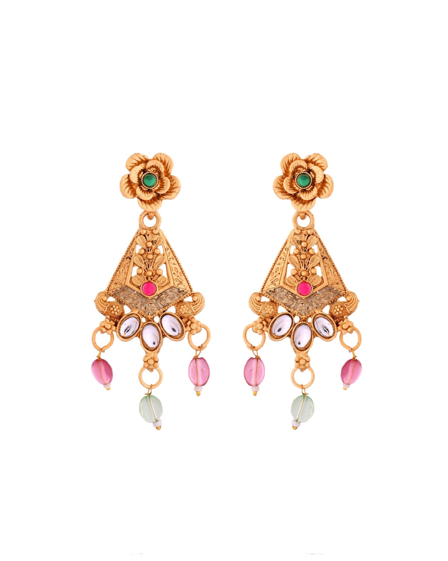 VOJ Gold Polished Designer Long Necklace With Earrings Set | Swadesiicart