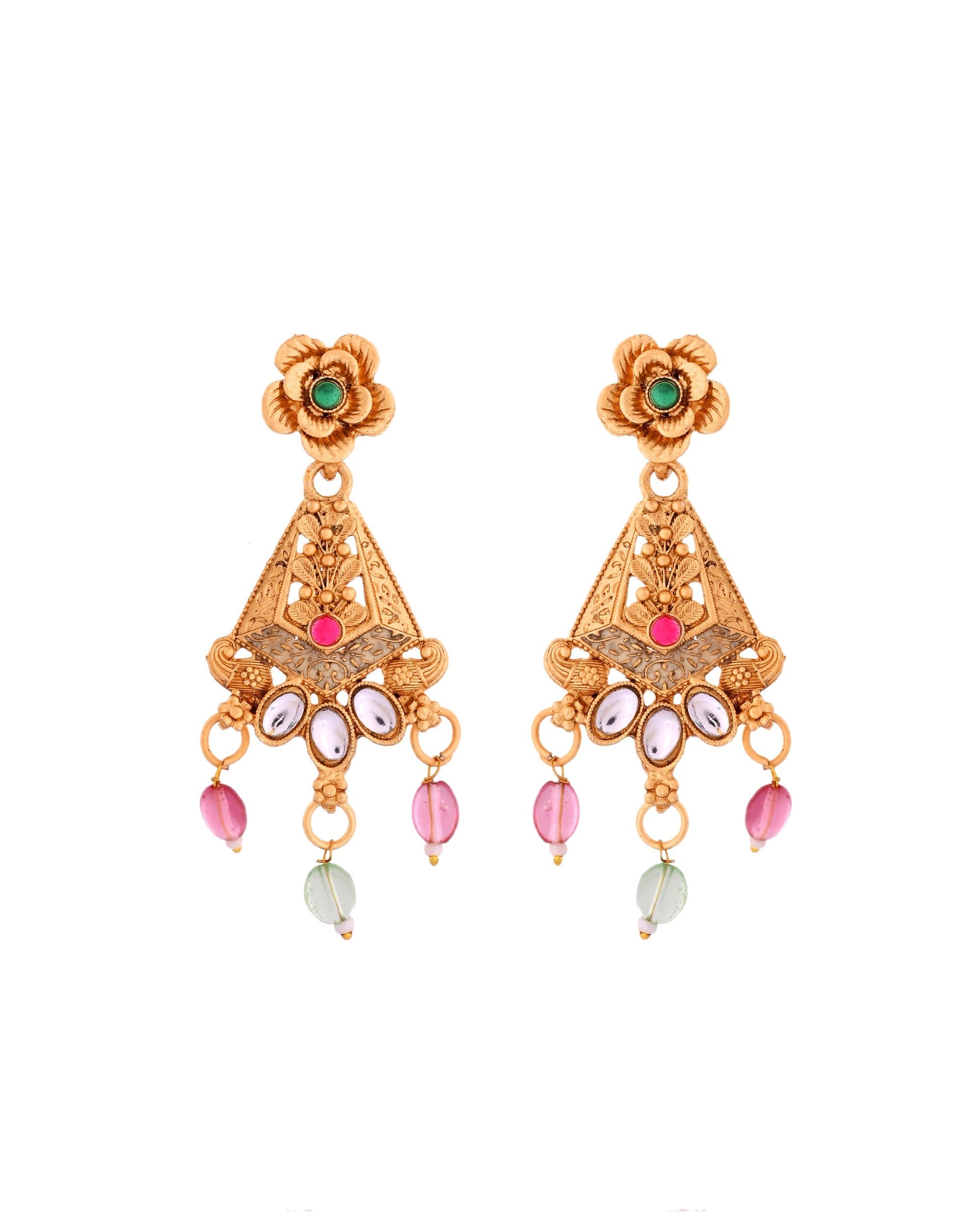 VOJ Gold Polished Designer Long Necklace With Earrings Set | Swadesiicart