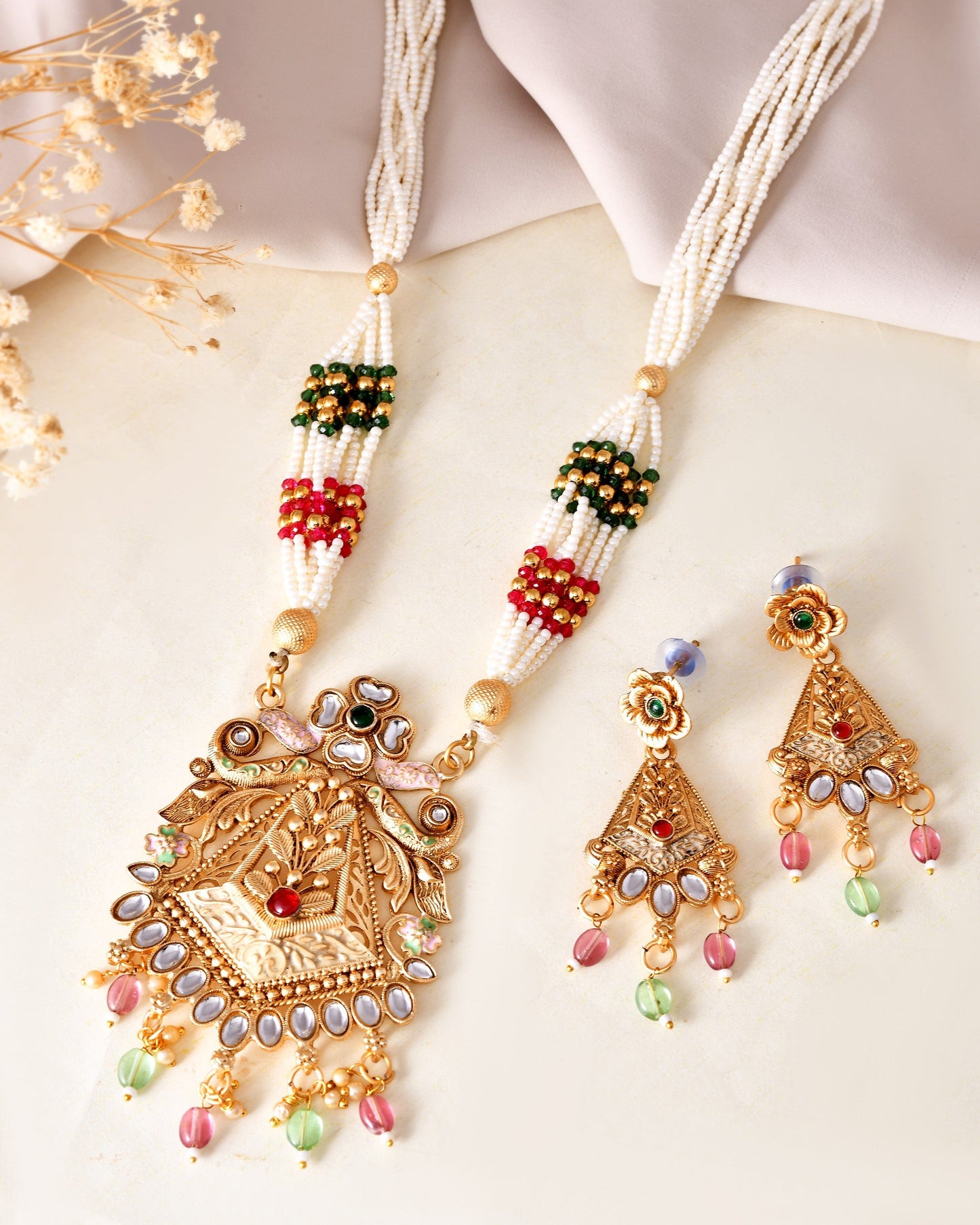 VOJ Gold Polished Designer Long Necklace With Earrings Set | Swadesiicart