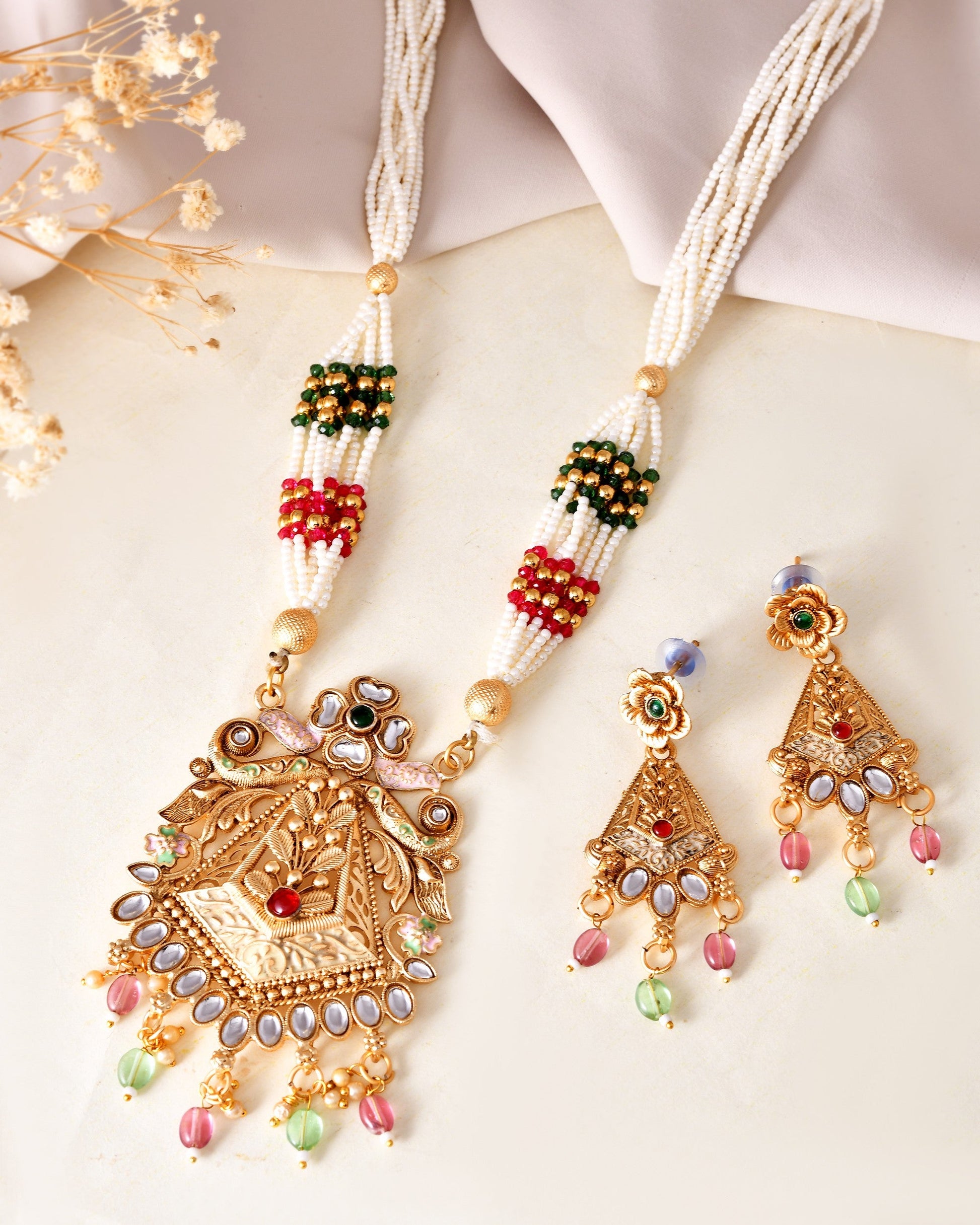 VOJ Gold Polished Designer Long Necklace With Earrings Set | Swadesiicart