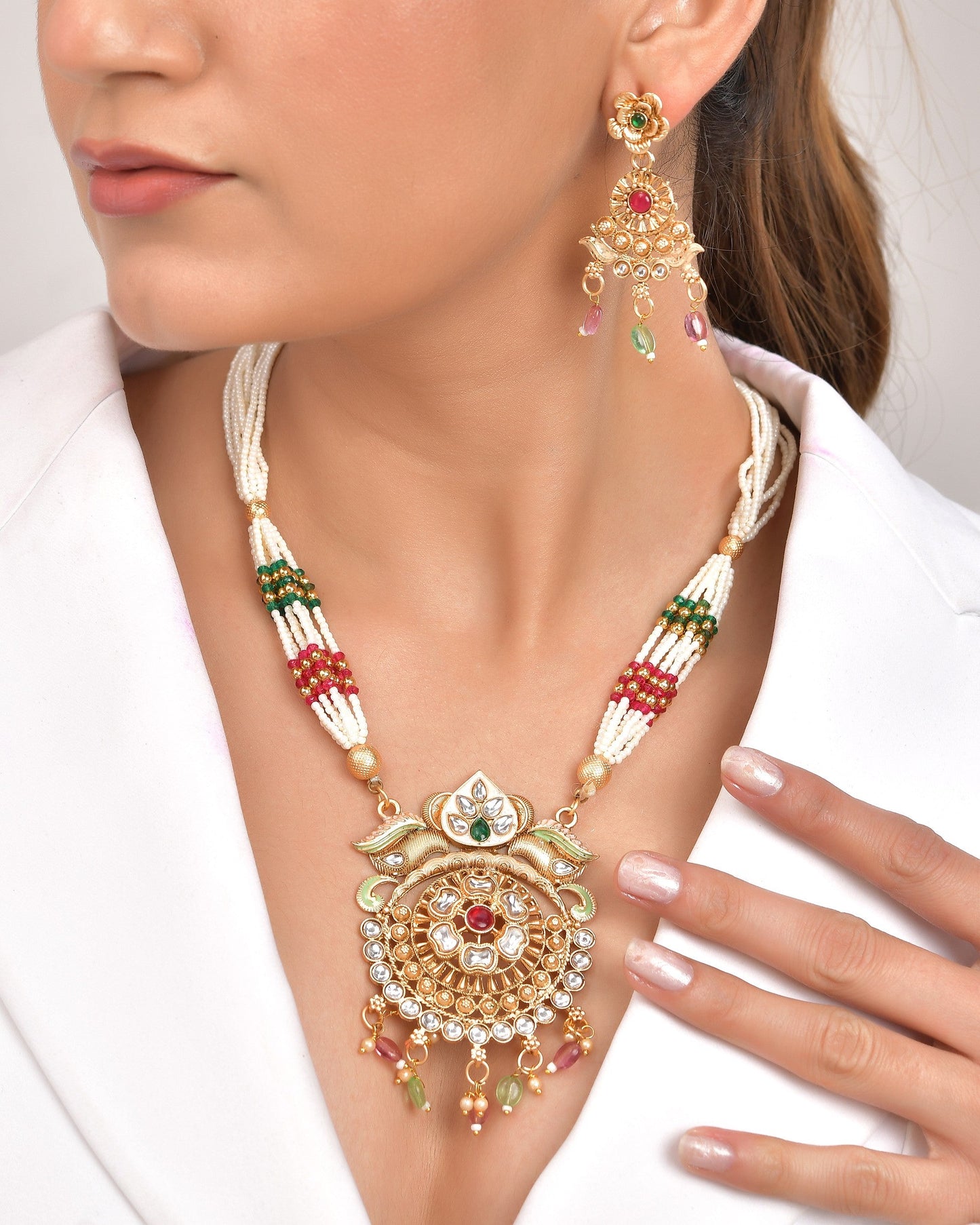 VOJ Gold Polished Traditional Long Necklace With Earrings Set | Swadesiicart