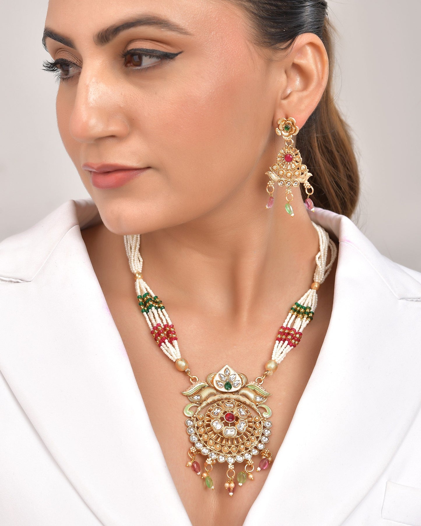 VOJ Gold Polished Traditional Long Necklace With Earrings Set | Swadesiicart