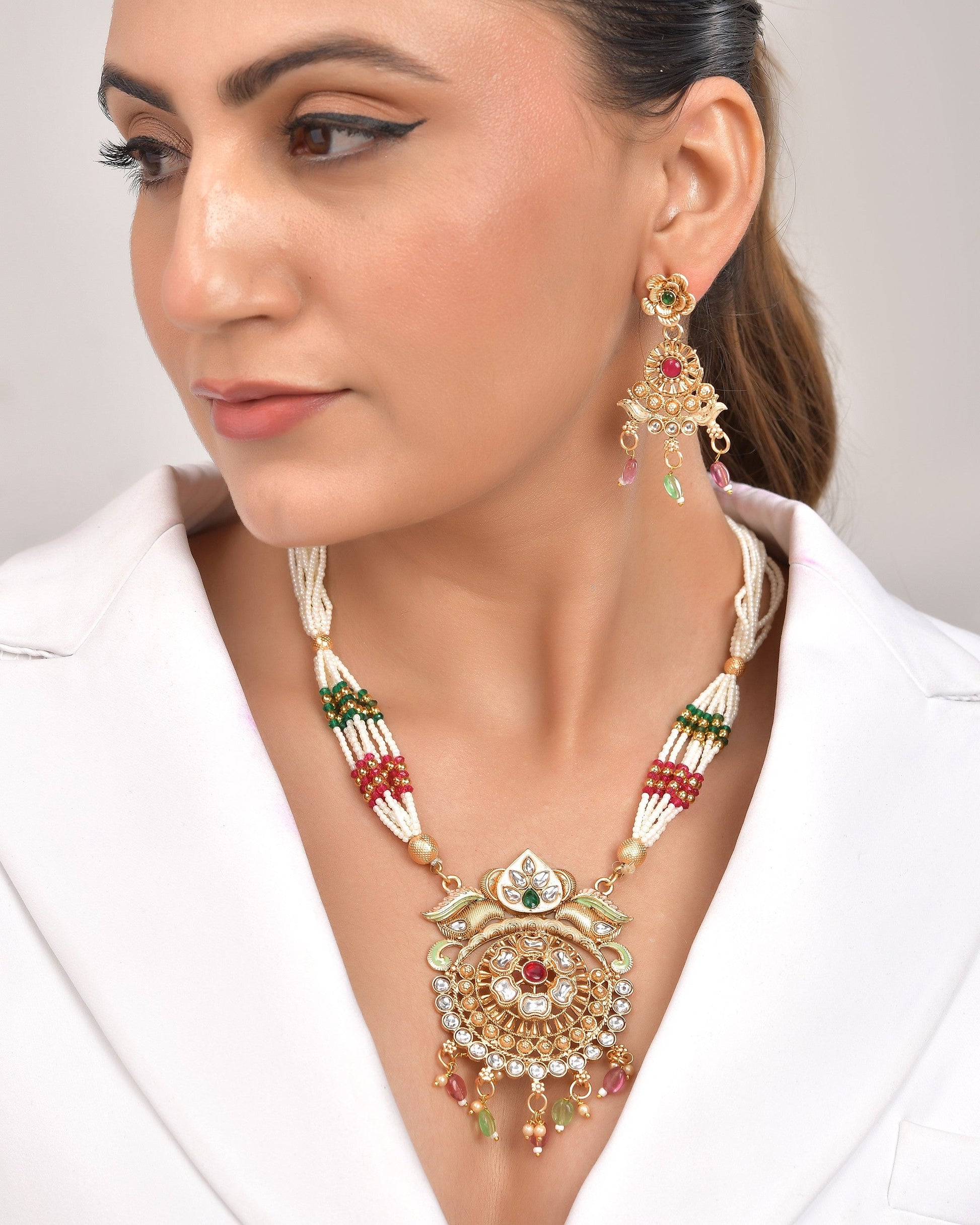 VOJ Gold Polished Traditional Long Necklace With Earrings Set | Swadesiicart