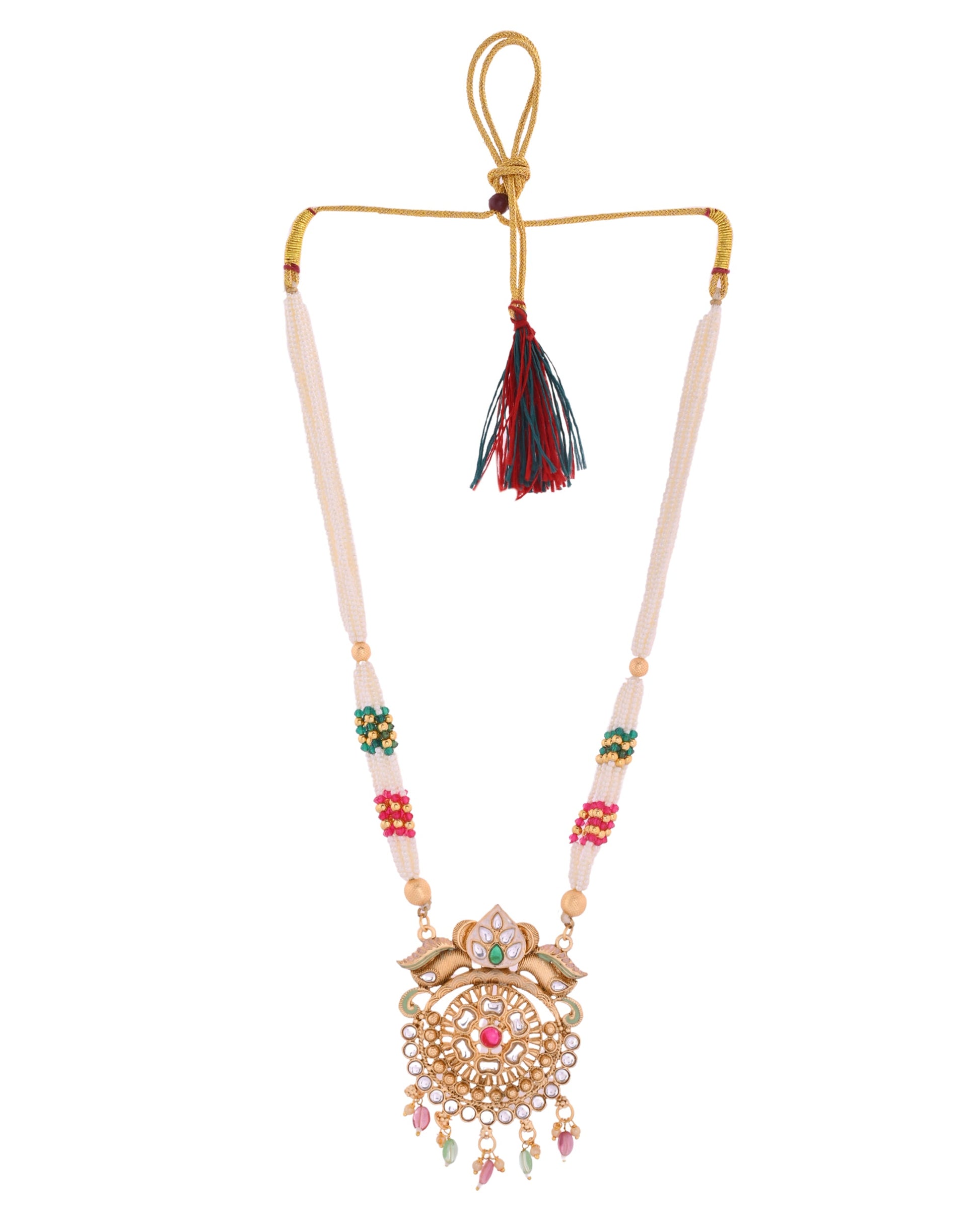 VOJ Gold Polished Traditional Long Necklace With Earrings Set | Swadesiicart