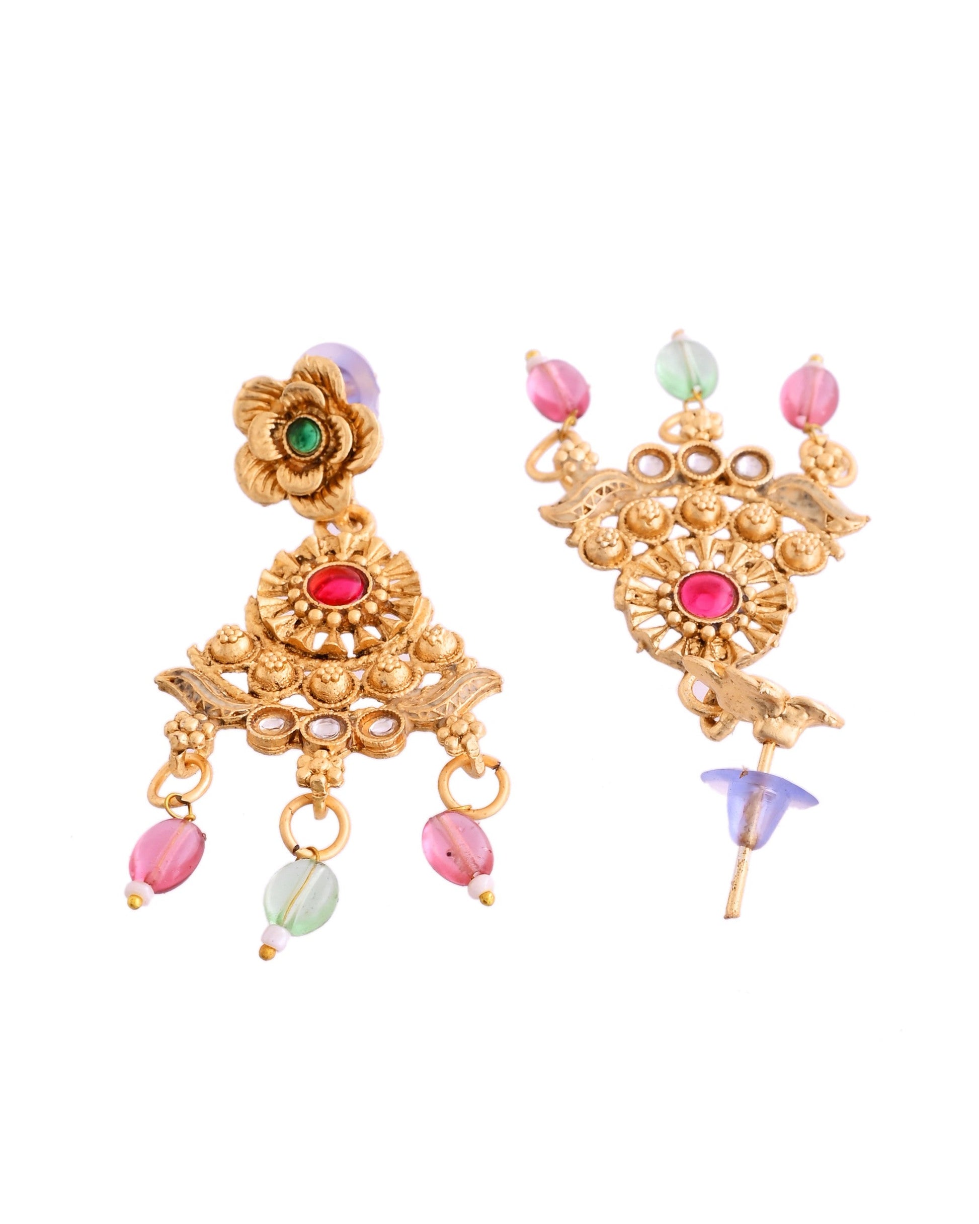 VOJ Gold Polished Traditional Long Necklace With Earrings Set | Swadesiicart