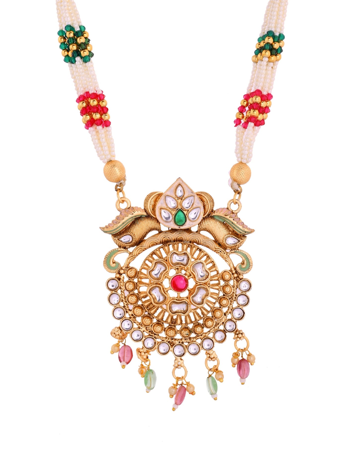 VOJ Gold Polished Traditional Long Necklace With Earrings Set | Swadesiicart