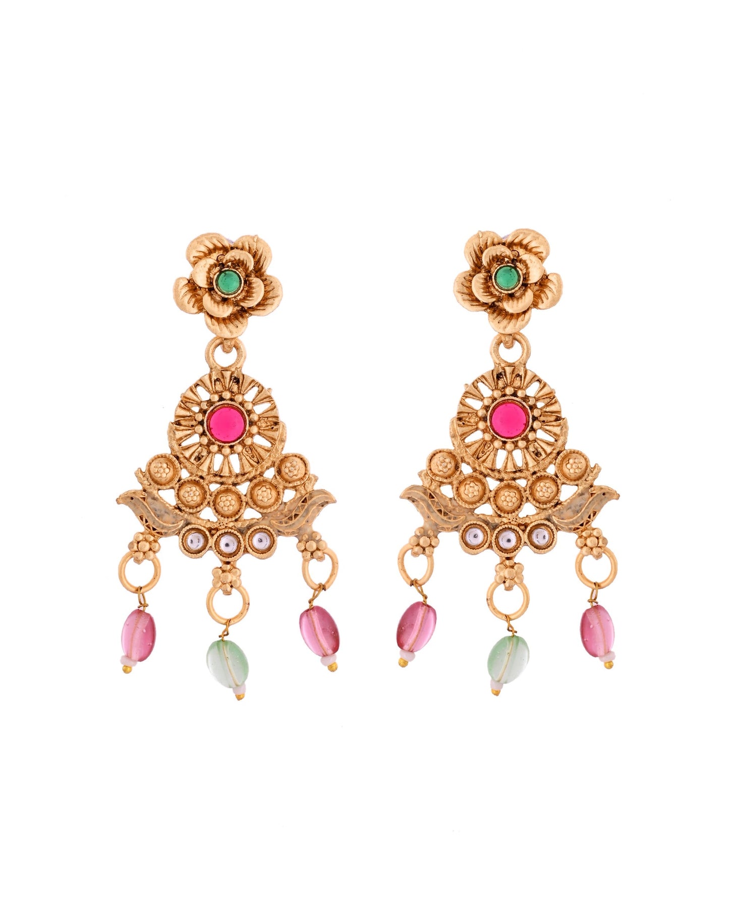 VOJ Gold Polished Traditional Long Necklace With Earrings Set | Swadesiicart