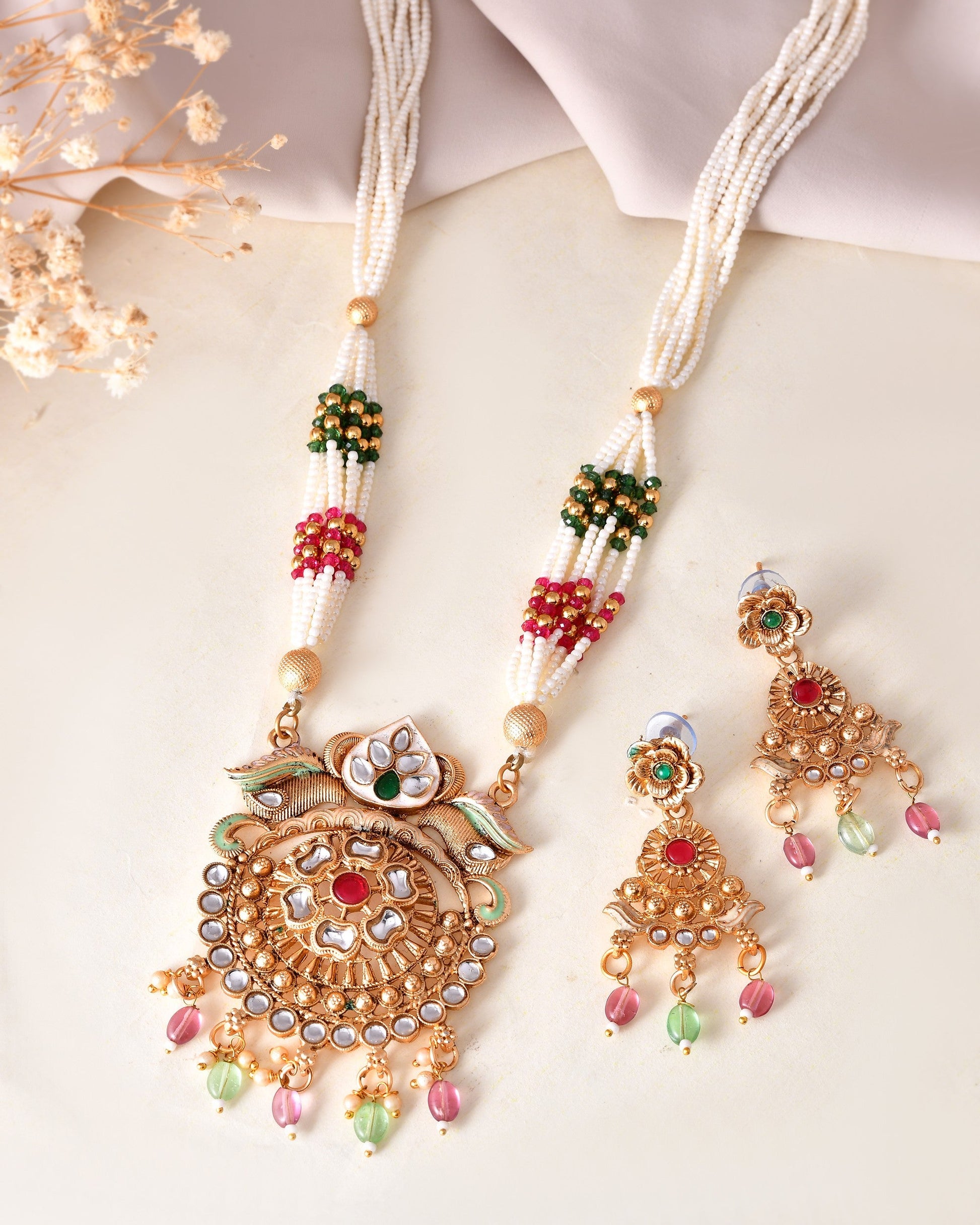 VOJ Gold Polished Traditional Long Necklace With Earrings Set | Swadesiicart