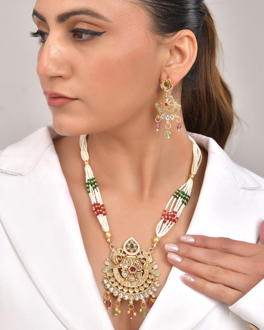 VOJ Gold Polished Traditional Circular Shaped Long Necklace With Earrings Set | Swadesiicart