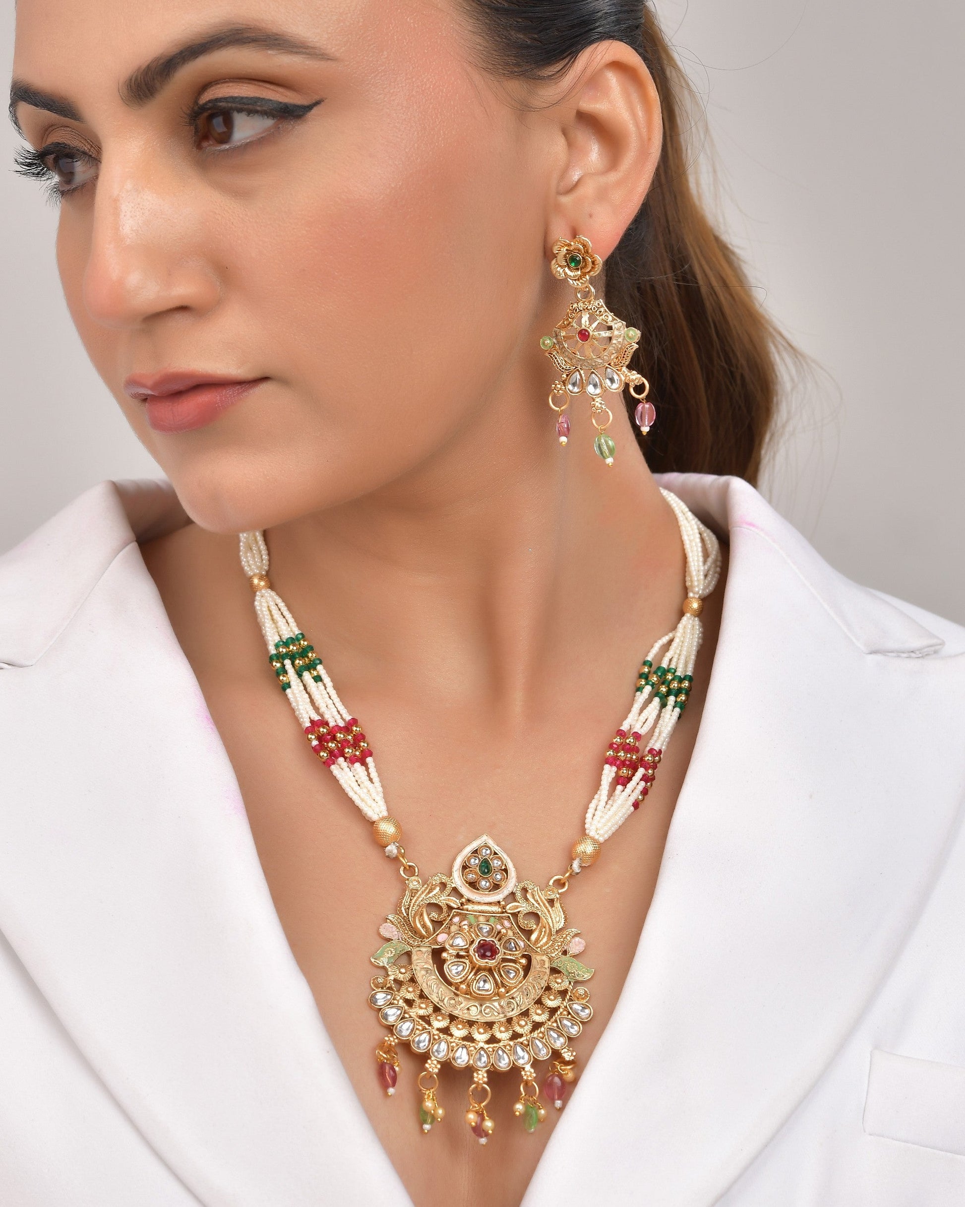 VOJ Gold Polished Traditional Circular Shaped Long Necklace With Earrings Set | Swadesiicart