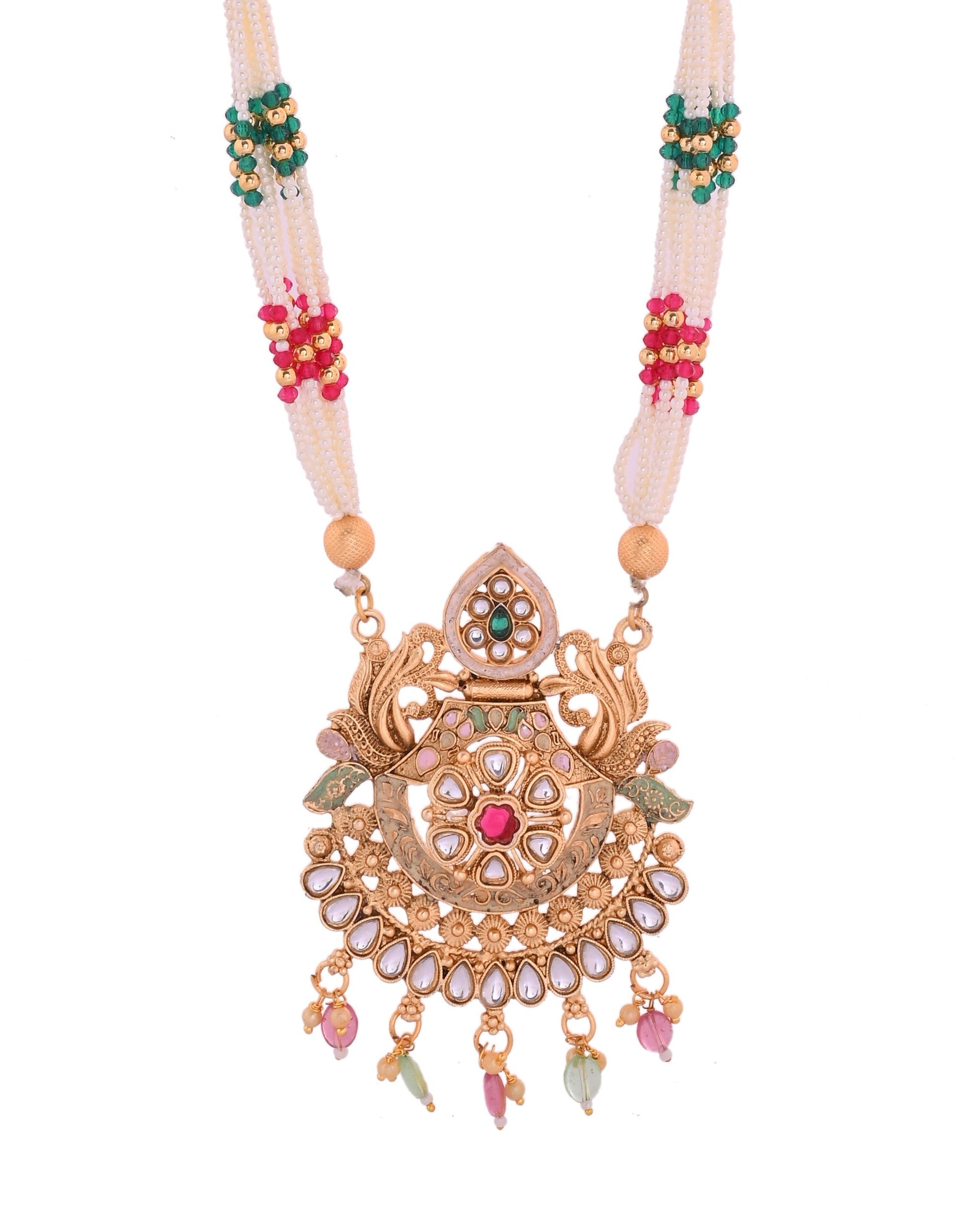 VOJ Gold Polished Traditional Circular Shaped Long Necklace With Earrings Set | Swadesiicart