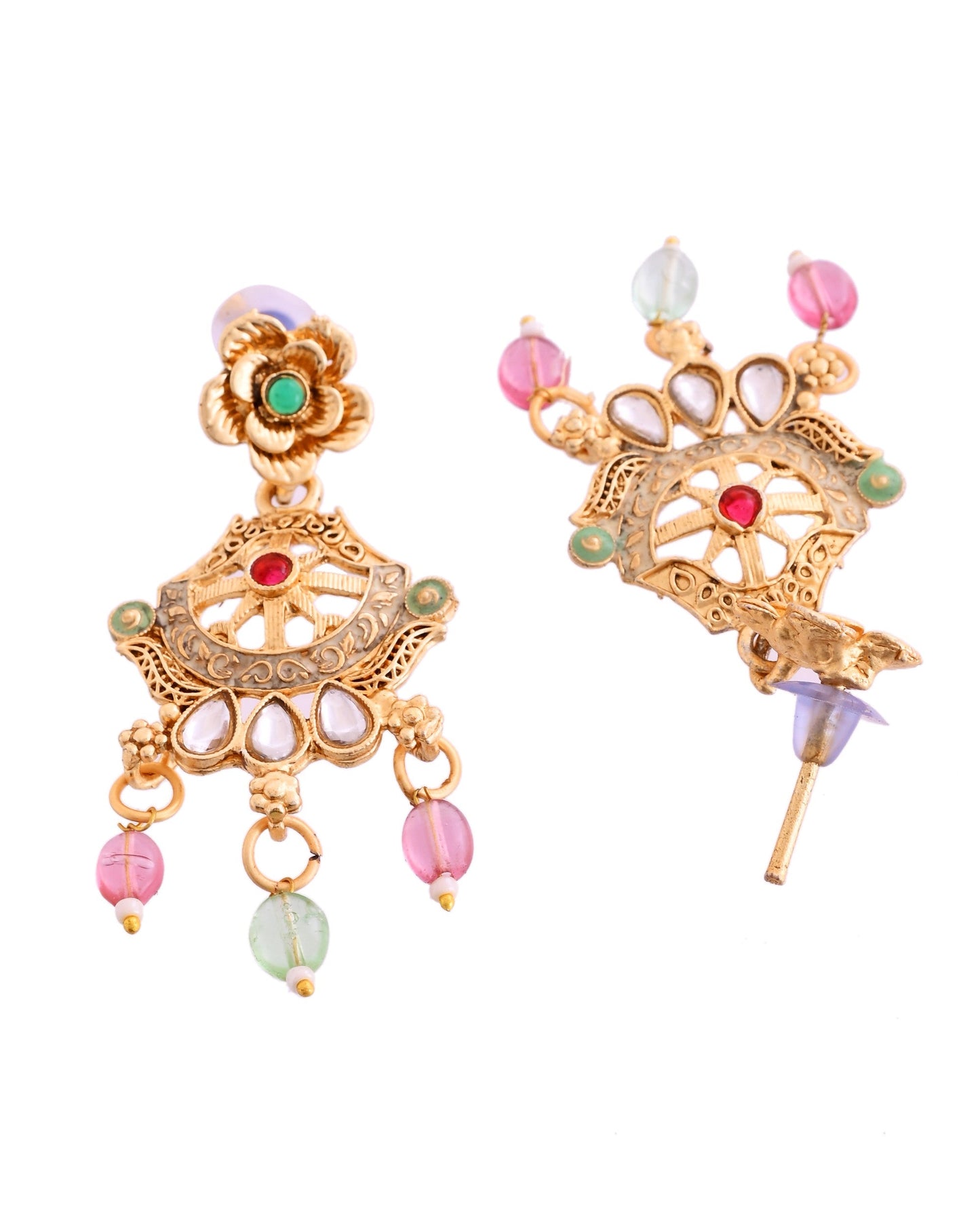 VOJ Gold Polished Traditional Circular Shaped Long Necklace With Earrings Set | Swadesiicart