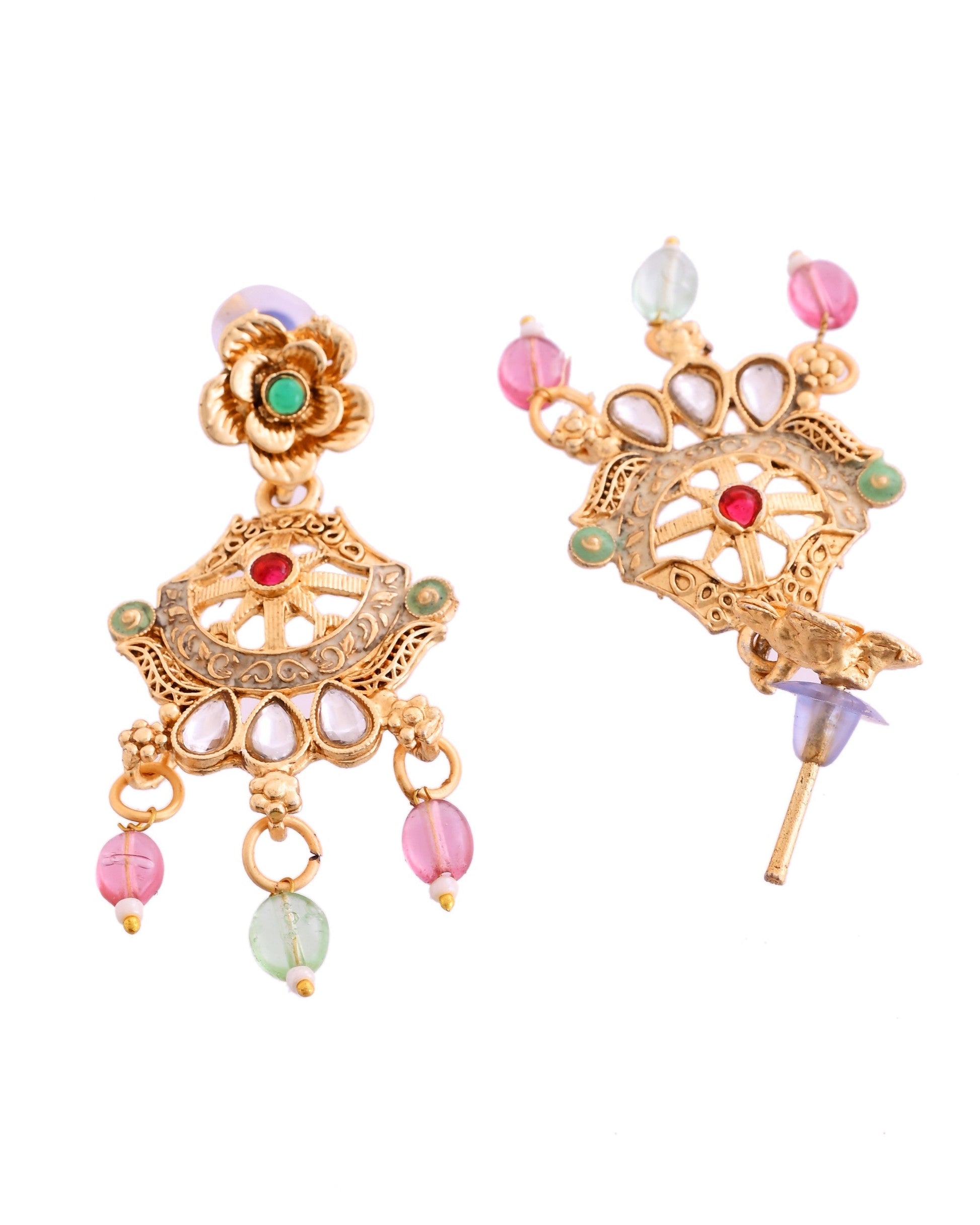 VOJ Gold Polished Traditional Circular Shaped Long Necklace With Earrings Set | Swadesiicart