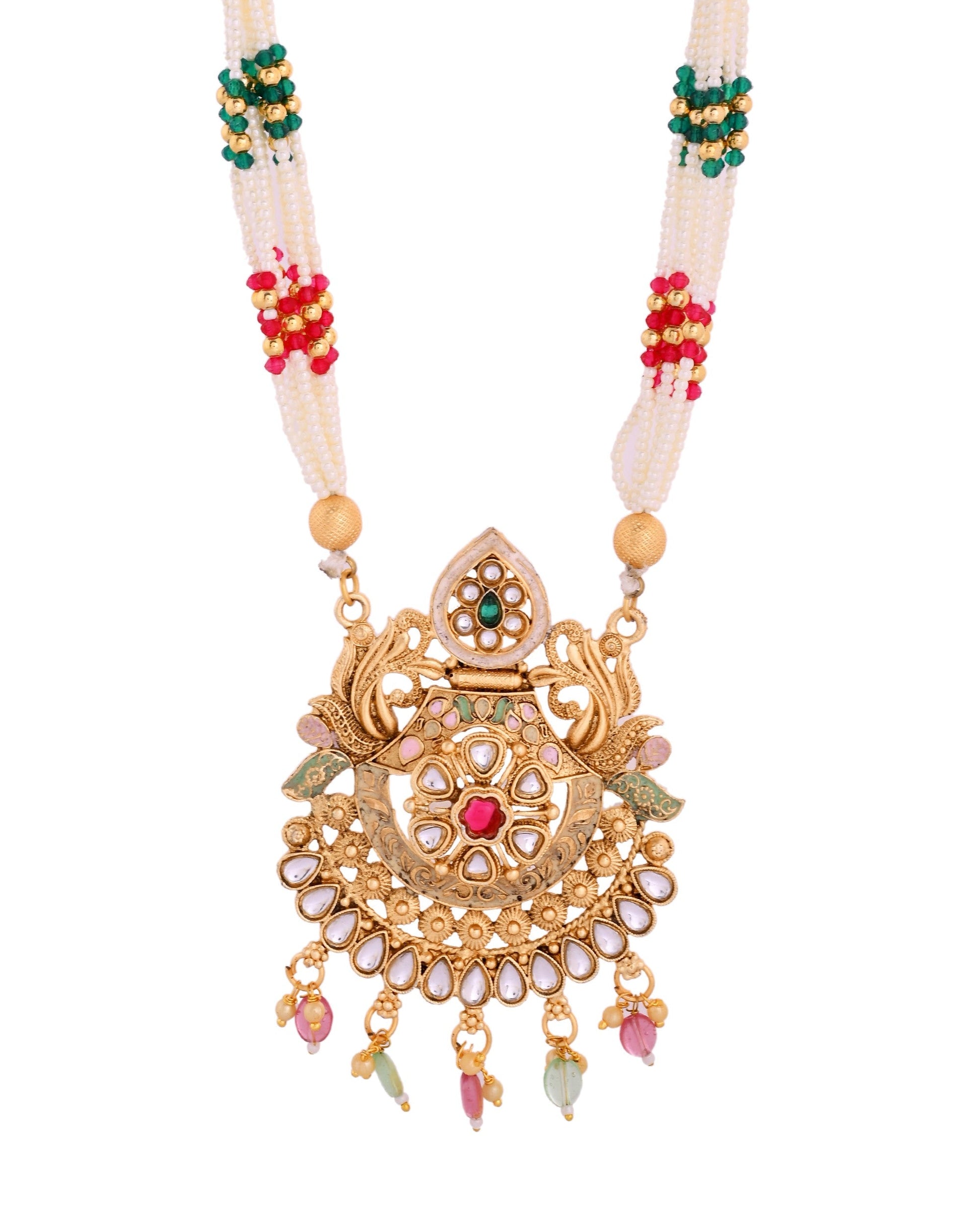 VOJ Gold Polished Traditional Circular Shaped Long Necklace With Earrings Set | Swadesiicart
