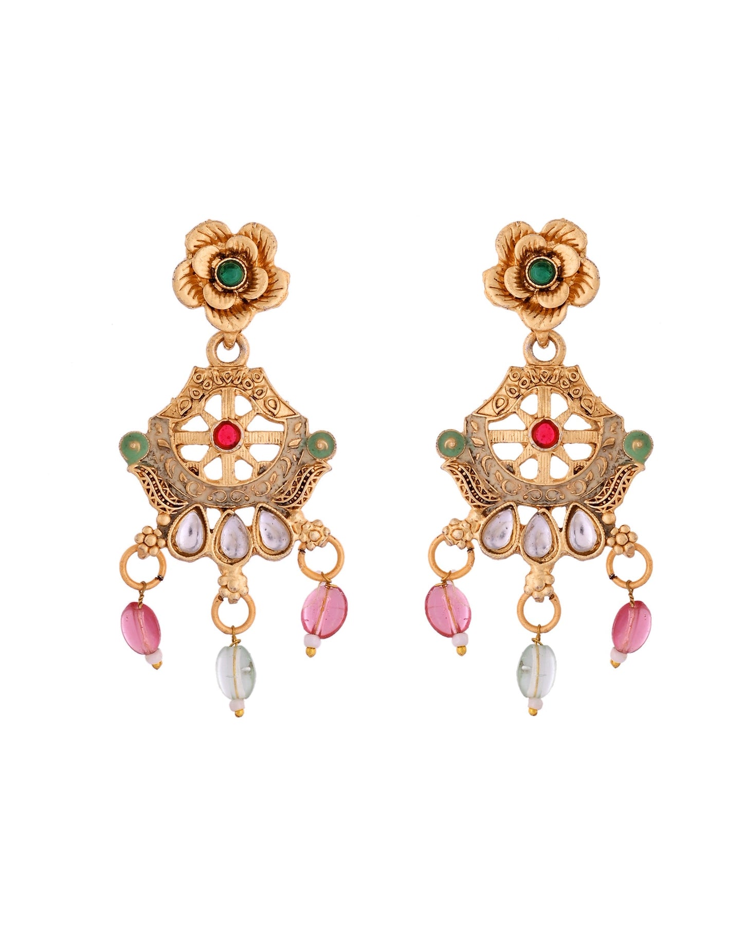 VOJ Gold Polished Traditional Circular Shaped Long Necklace With Earrings Set | Swadesiicart