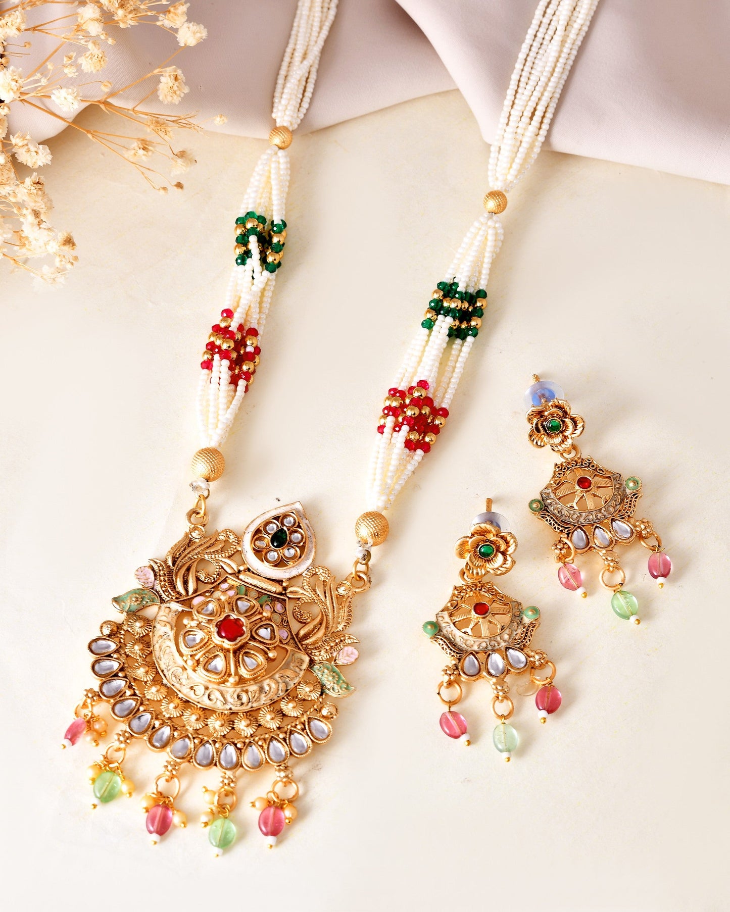 VOJ Gold Polished Traditional Circular Shaped Long Necklace With Earrings Set | Swadesiicart