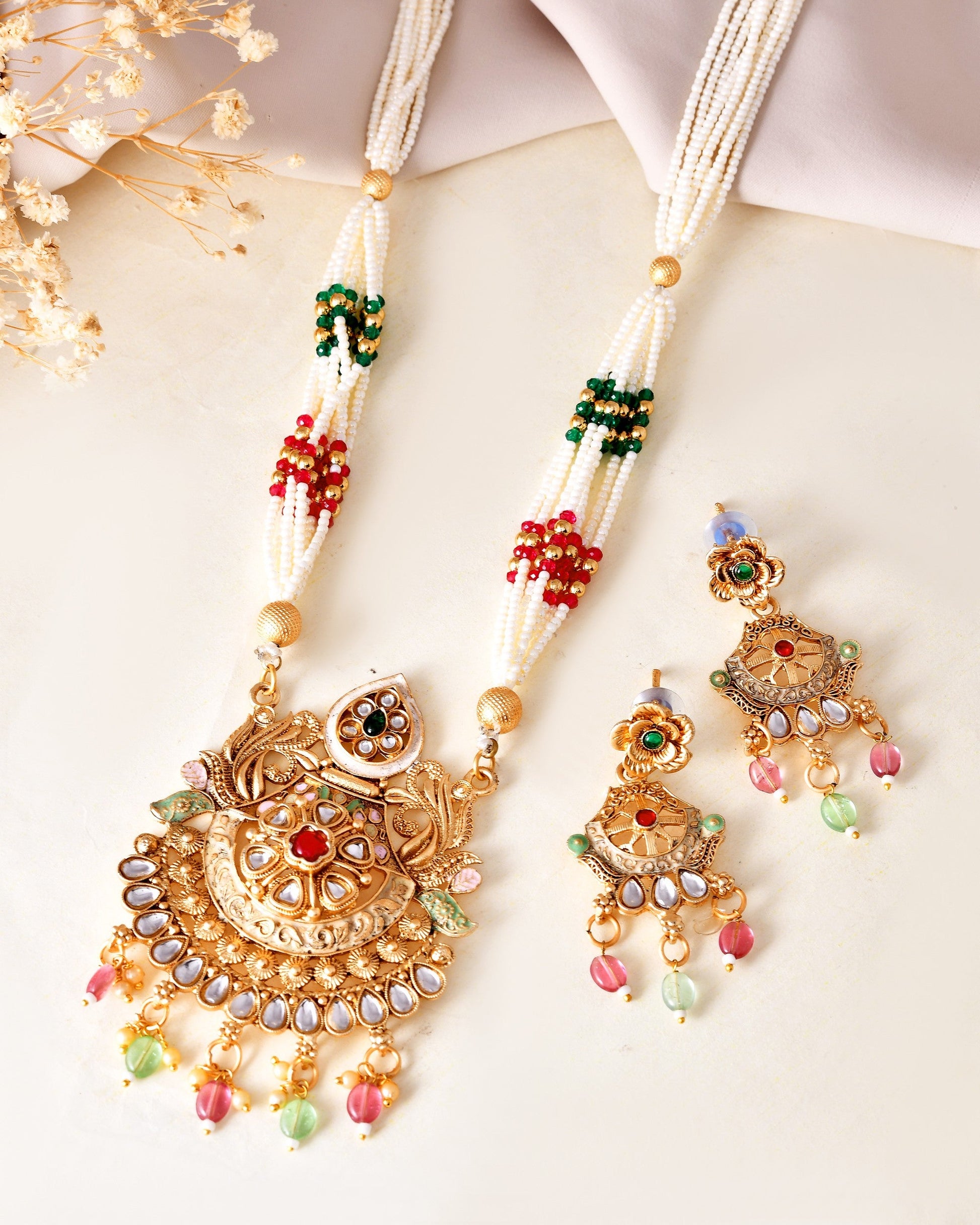 VOJ Gold Polished Traditional Circular Shaped Long Necklace With Earrings Set | Swadesiicart