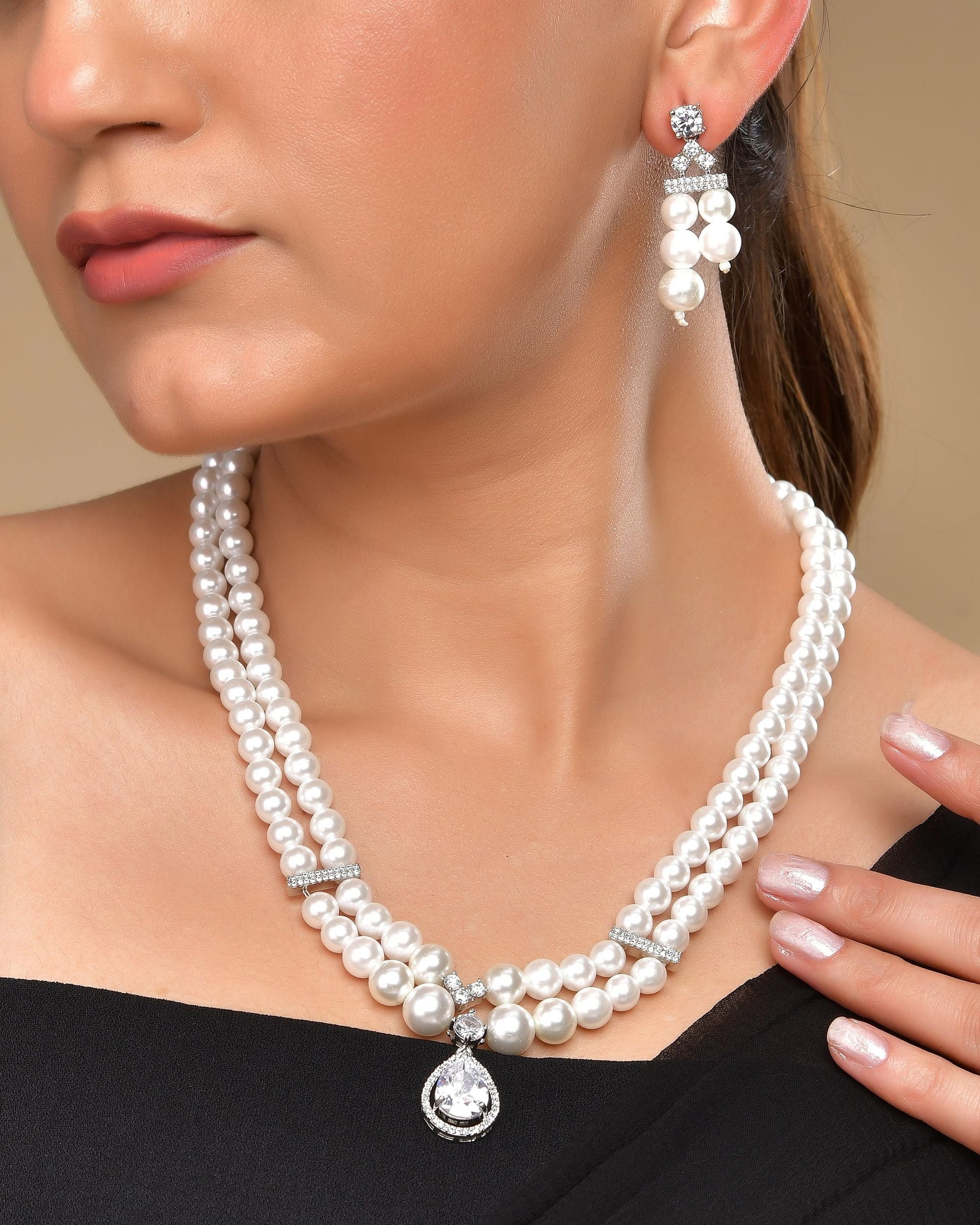 VOJ Silver Plated Pearl & Ad Studded Designer Jewellery Set - Swadesiicart