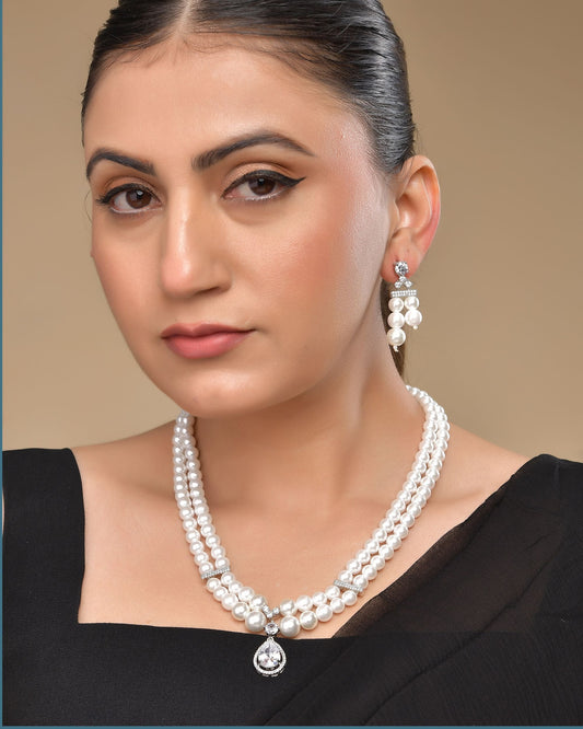 VOJ Silver Plated Pearl & Ad Studded Designer Jewellery Set - Swadesiicart