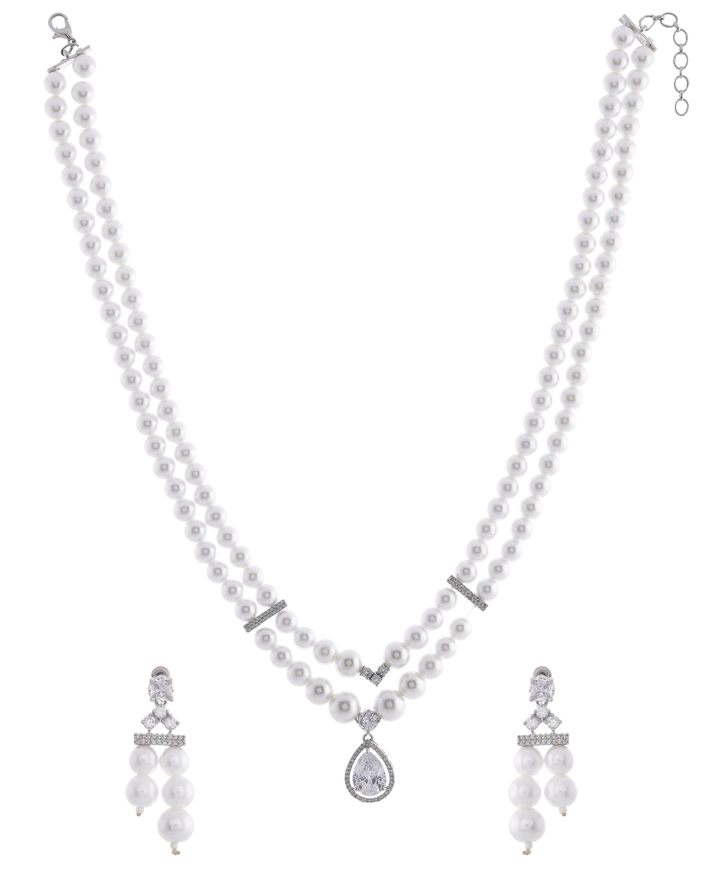 VOJ Silver Plated Pearl & Ad Studded Designer Jewellery Set - Swadesiicart
