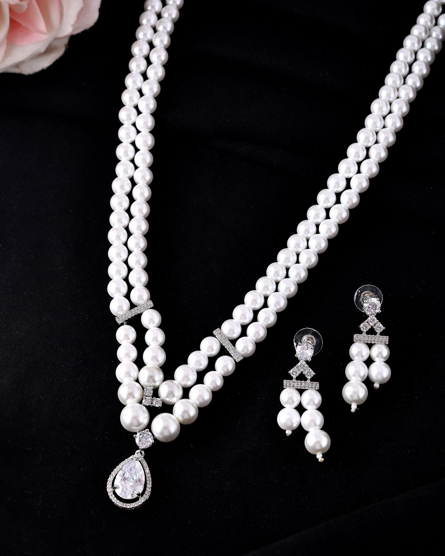 VOJ Silver Plated Pearl & Ad Studded Designer Jewellery Set - Swadesiicart