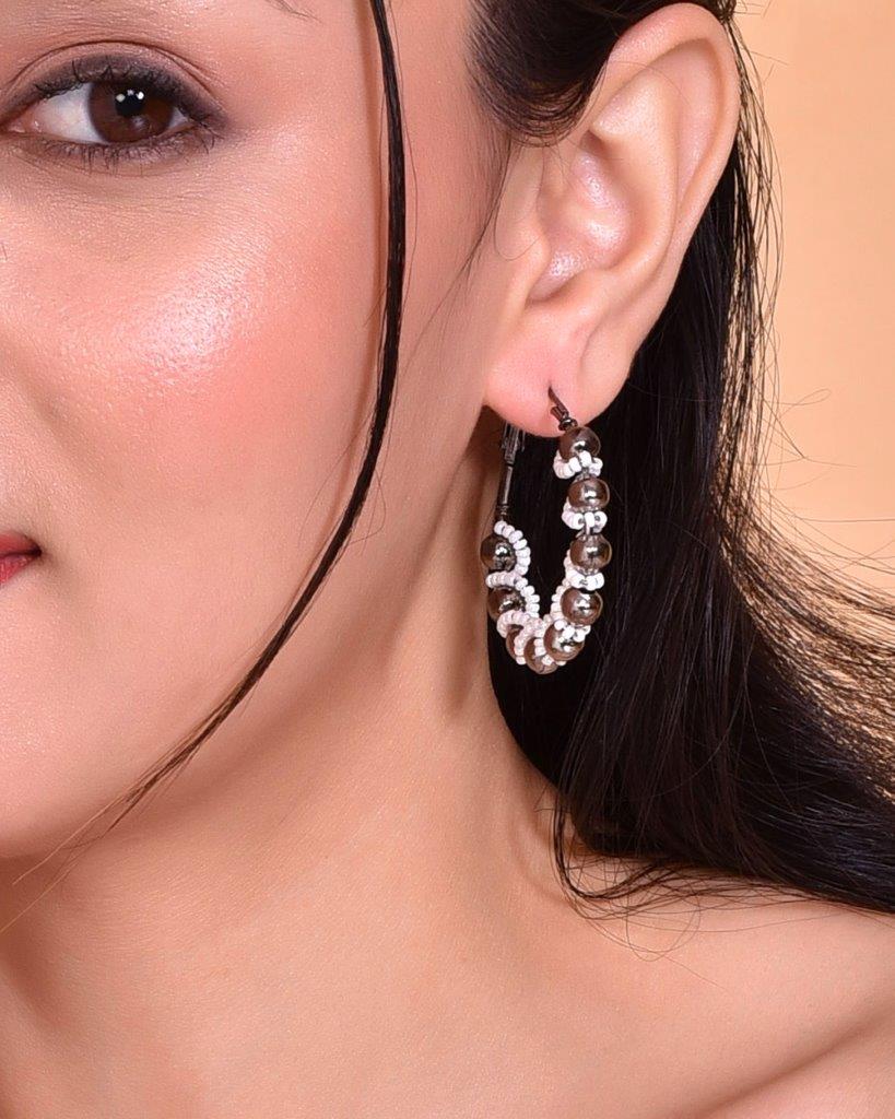 VOJ White Pearl With Silver Bead Hoop Earrings - VOJ (Valley Of Jewellery)