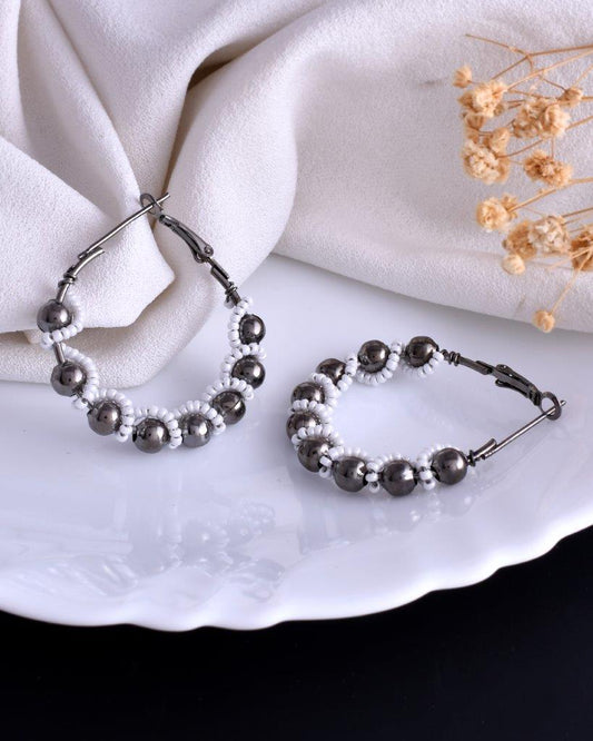 VOJ White Pearl With Silver Bead Hoop Earrings - Swadesiicart