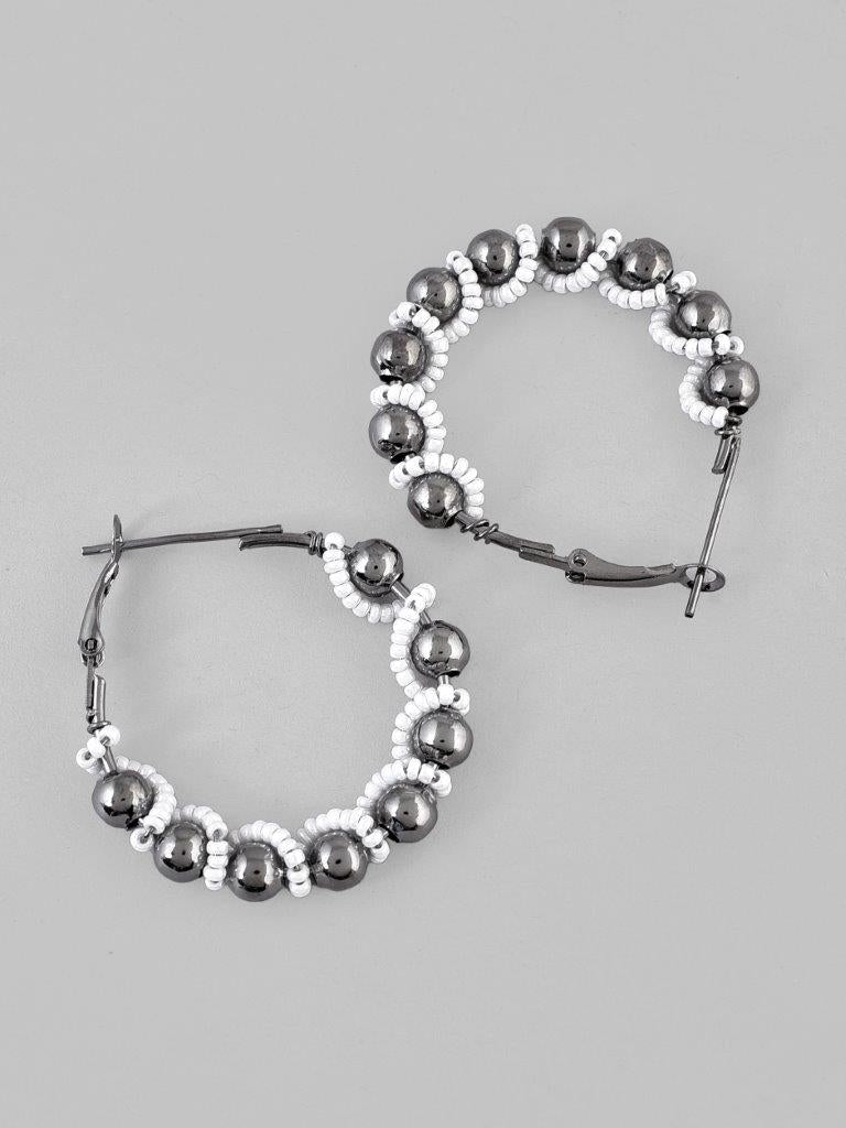 VOJ White Pearl With Silver Bead Hoop Earrings - Swadesiicart