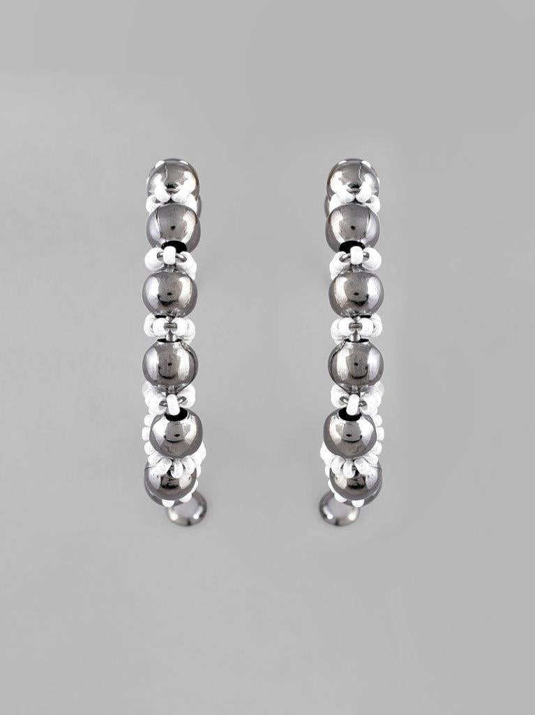 VOJ White Pearl With Silver Bead Hoop Earrings - Swadesiicart
