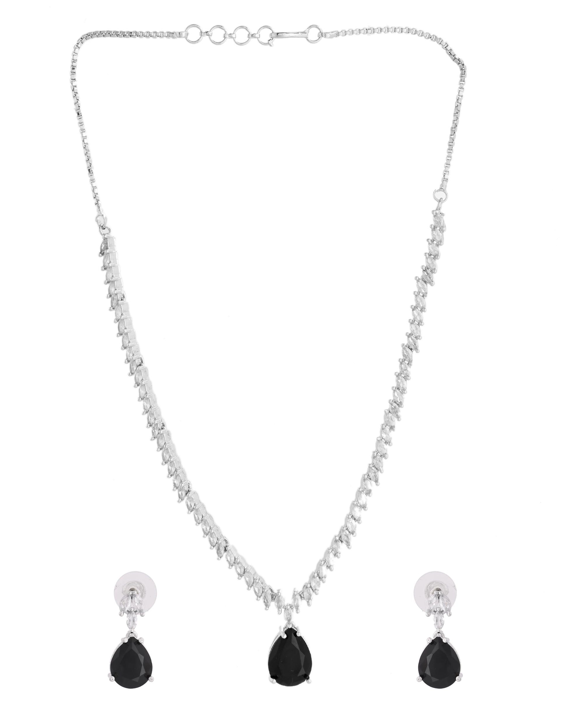 VOJ Silver Plated Black Teardrop Stone Studded Simple Jewellery Set | Swadesiicart