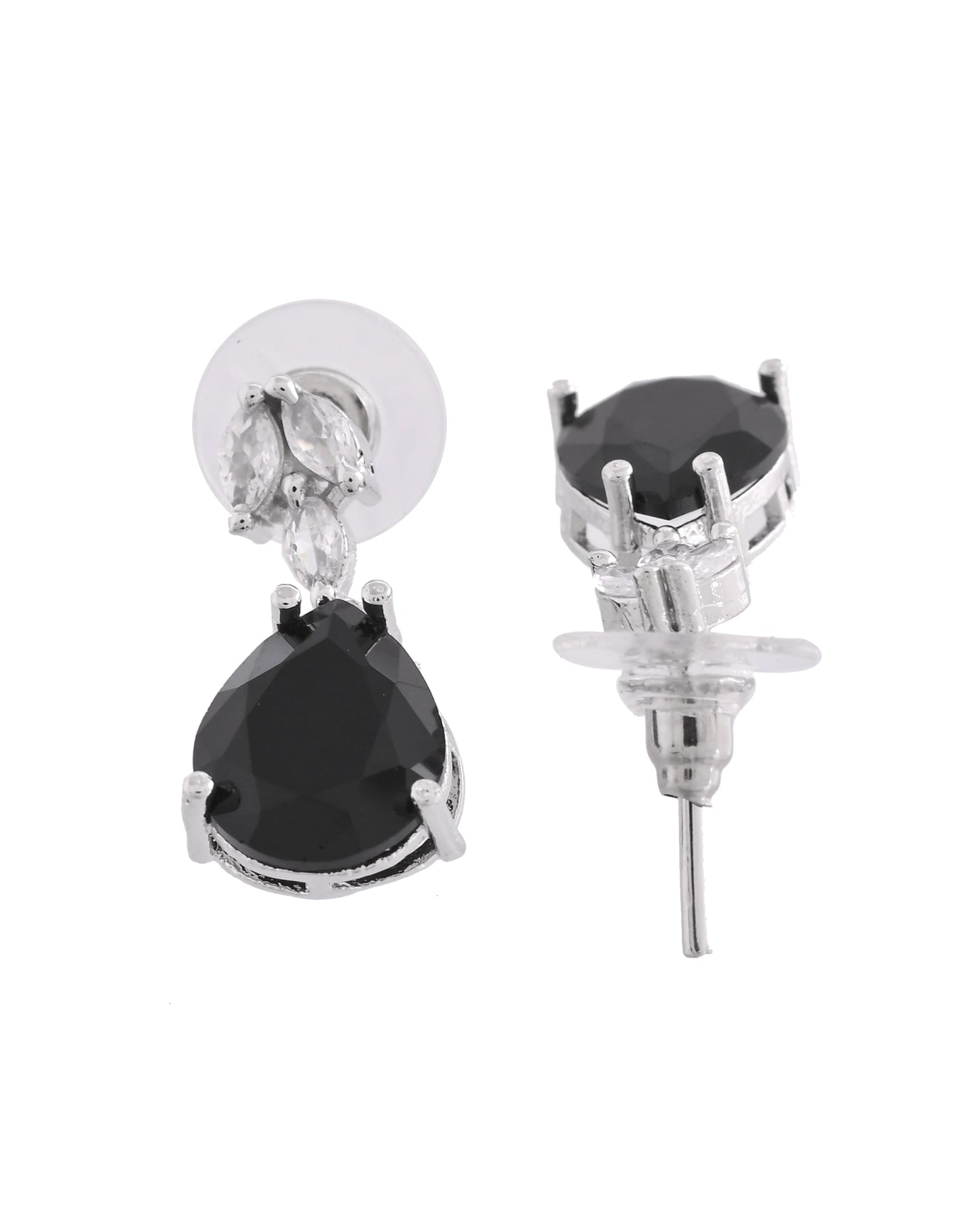 VOJ Silver Plated Black Teardrop Stone Studded Simple Jewellery Set | Swadesiicart