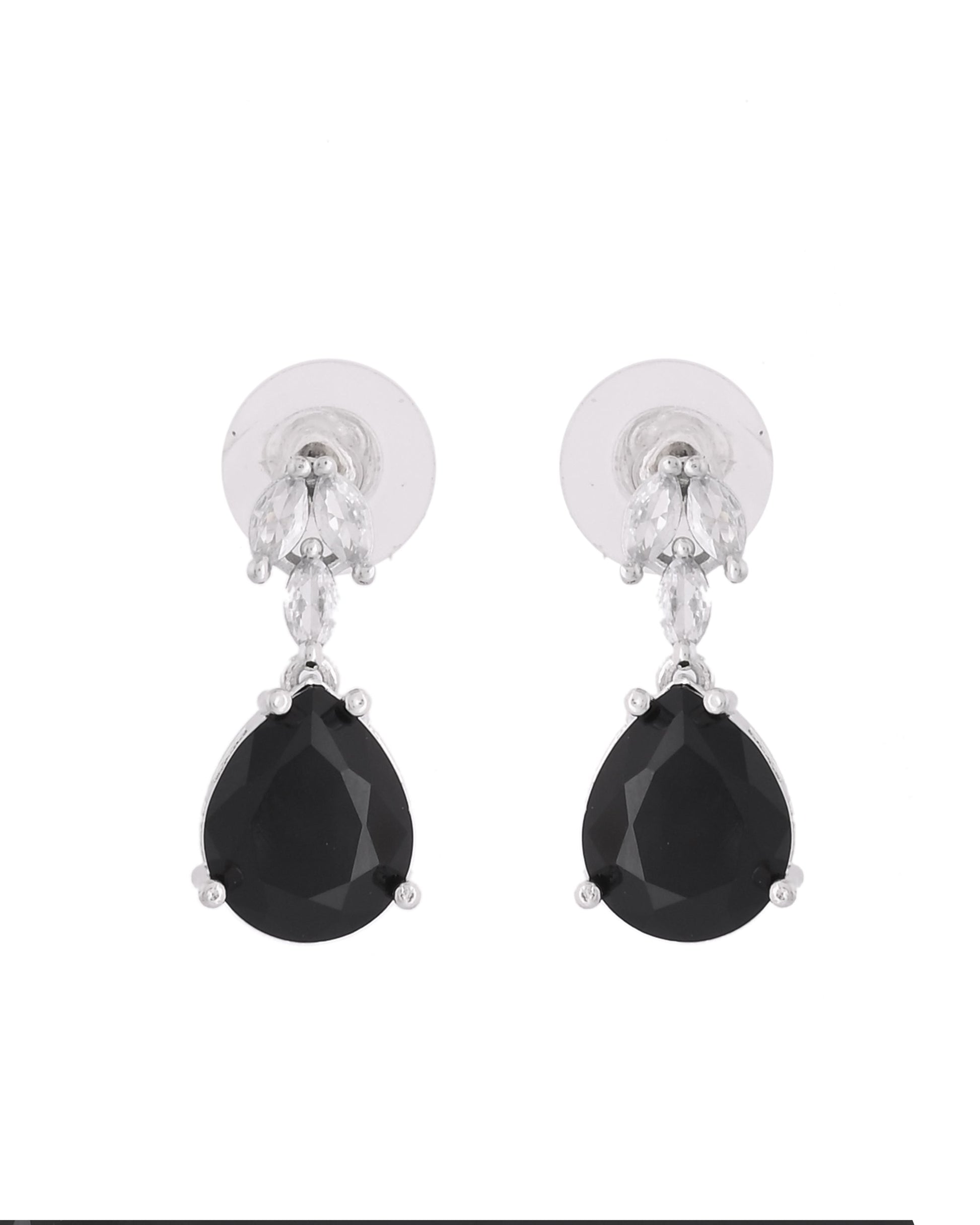 VOJ Silver Plated Black Teardrop Stone Studded Simple Jewellery Set | Swadesiicart