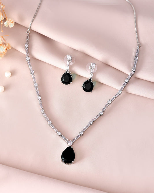 VOJ Silver Plated Black Teardrop Stone Studded Simple Jewellery Set | Swadesiicart