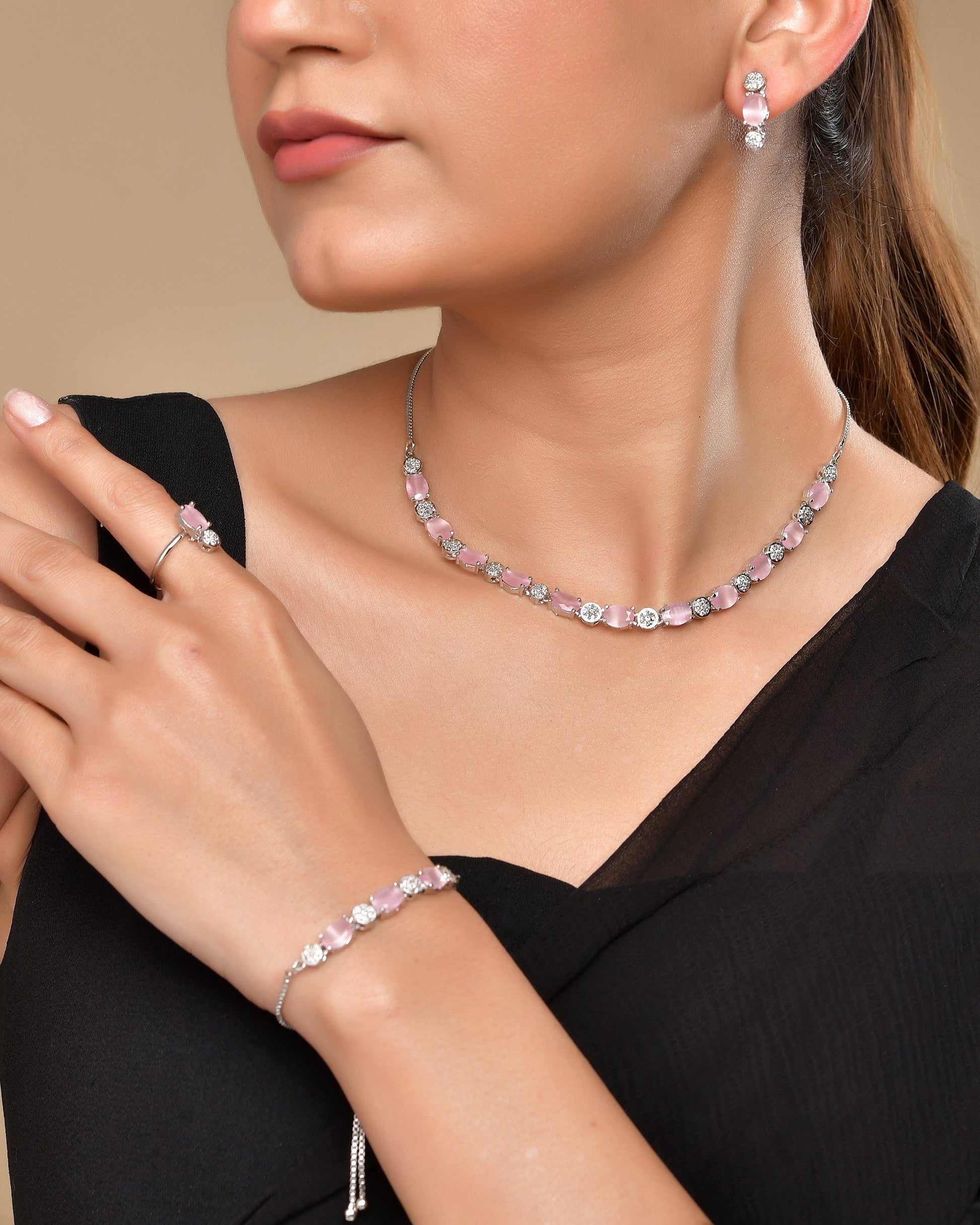 VOJ Silver Plated Baby Pink Stone Studded Necklace With Earrings, Ring And Bracelet Set | Swadesiicart