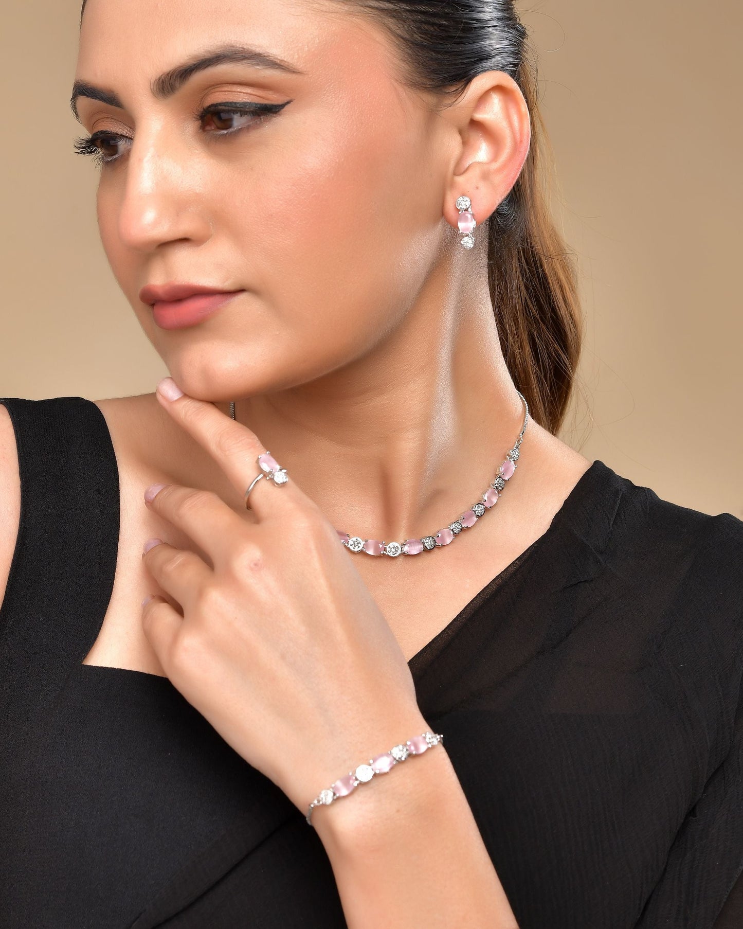 VOJ Silver Plated Baby Pink Stone Studded Necklace With Earrings, Ring And Bracelet Set | Swadesiicart
