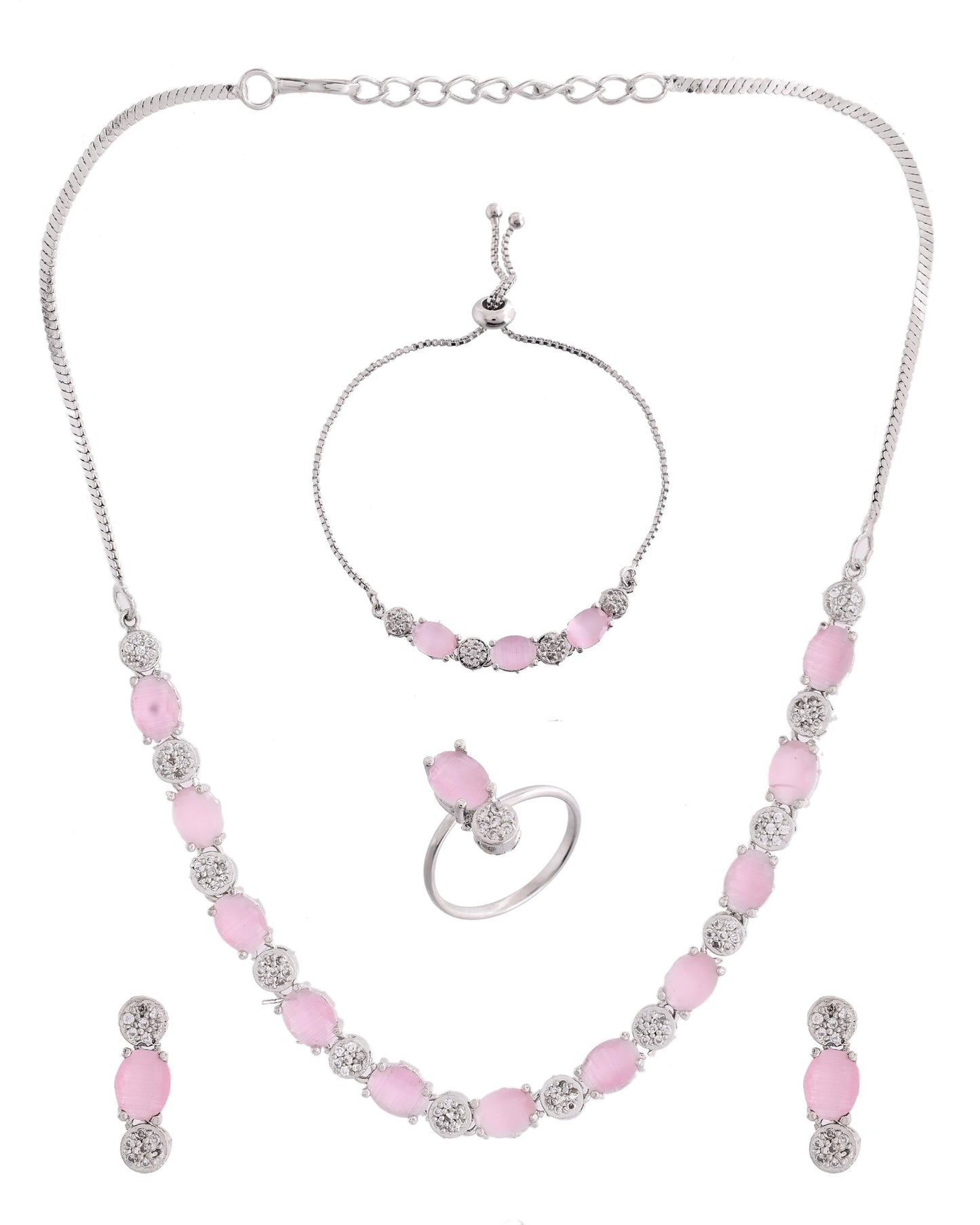 VOJ Silver Plated Baby Pink Stone Studded Necklace With Earrings, Ring And Bracelet Set | Swadesiicart